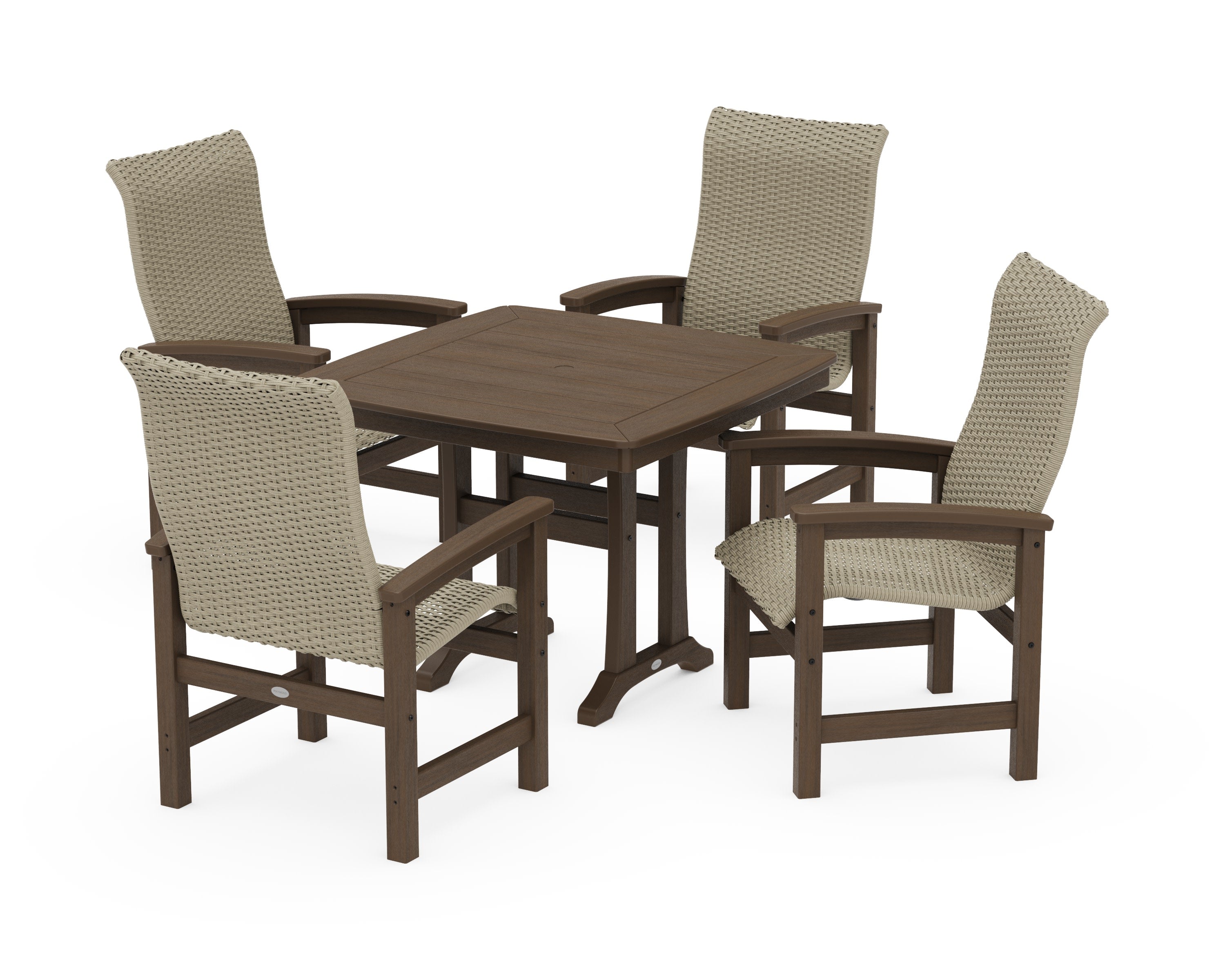 Coastal Woven High-Back 5-Piece Dining Set with Trestle Legs in Kona / Dune Grass