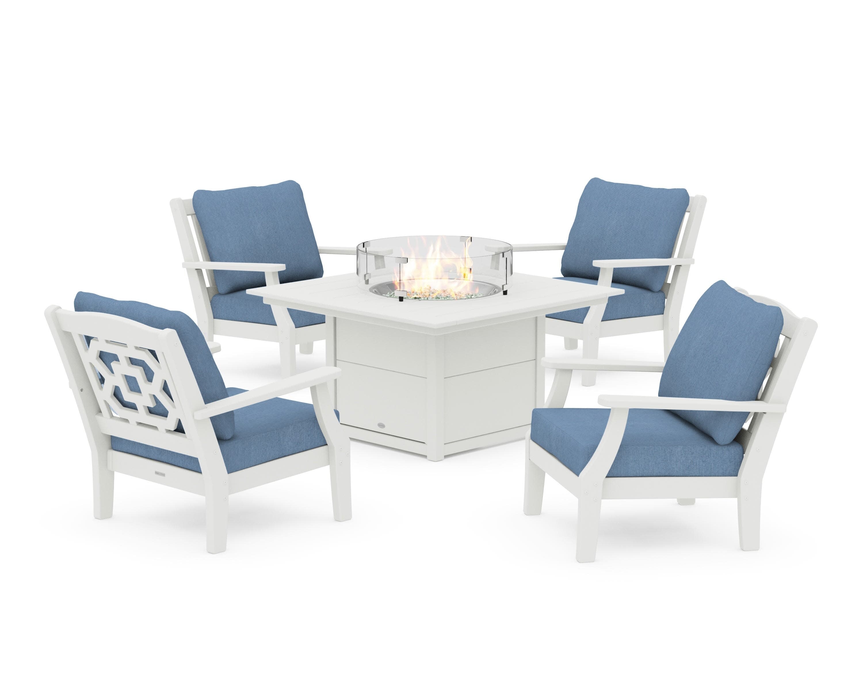 Chinoiserie 5-Piece Deep Seating Set with Fire Pit Table in Vintage White / Sky Blue