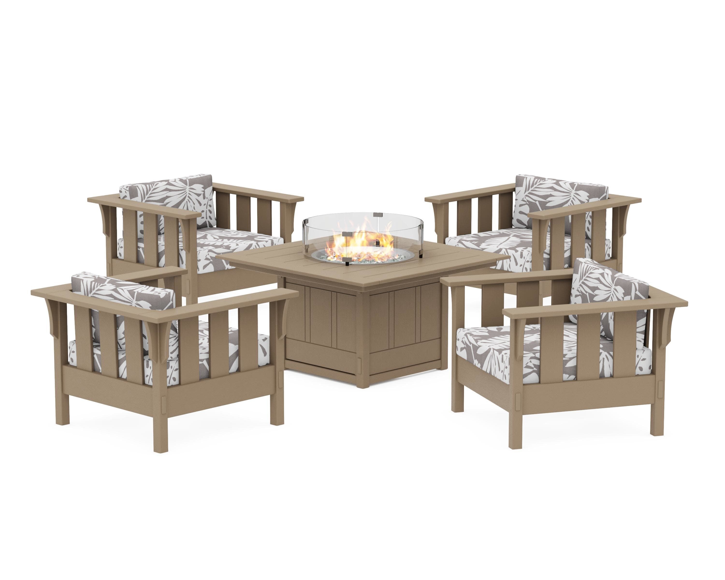 Acadia 5-Piece Deep Seating Set with Fire Pit Table in Vintage Sahara / Leaf Grey Mist