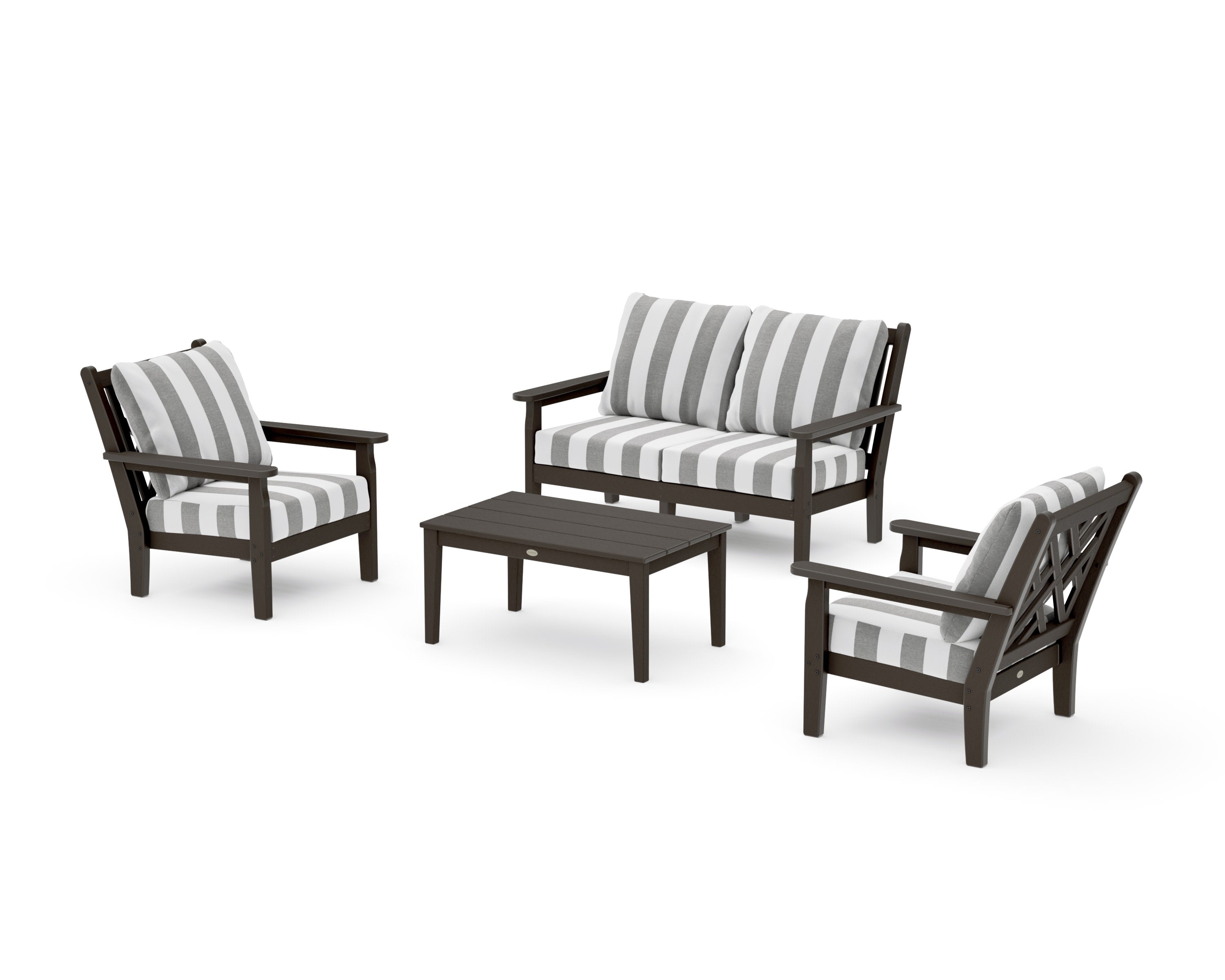 Chippendale 4-Piece Deep Seating Set with Loveseat in Vintage Coffee / Cabana Stripe Grey Mist