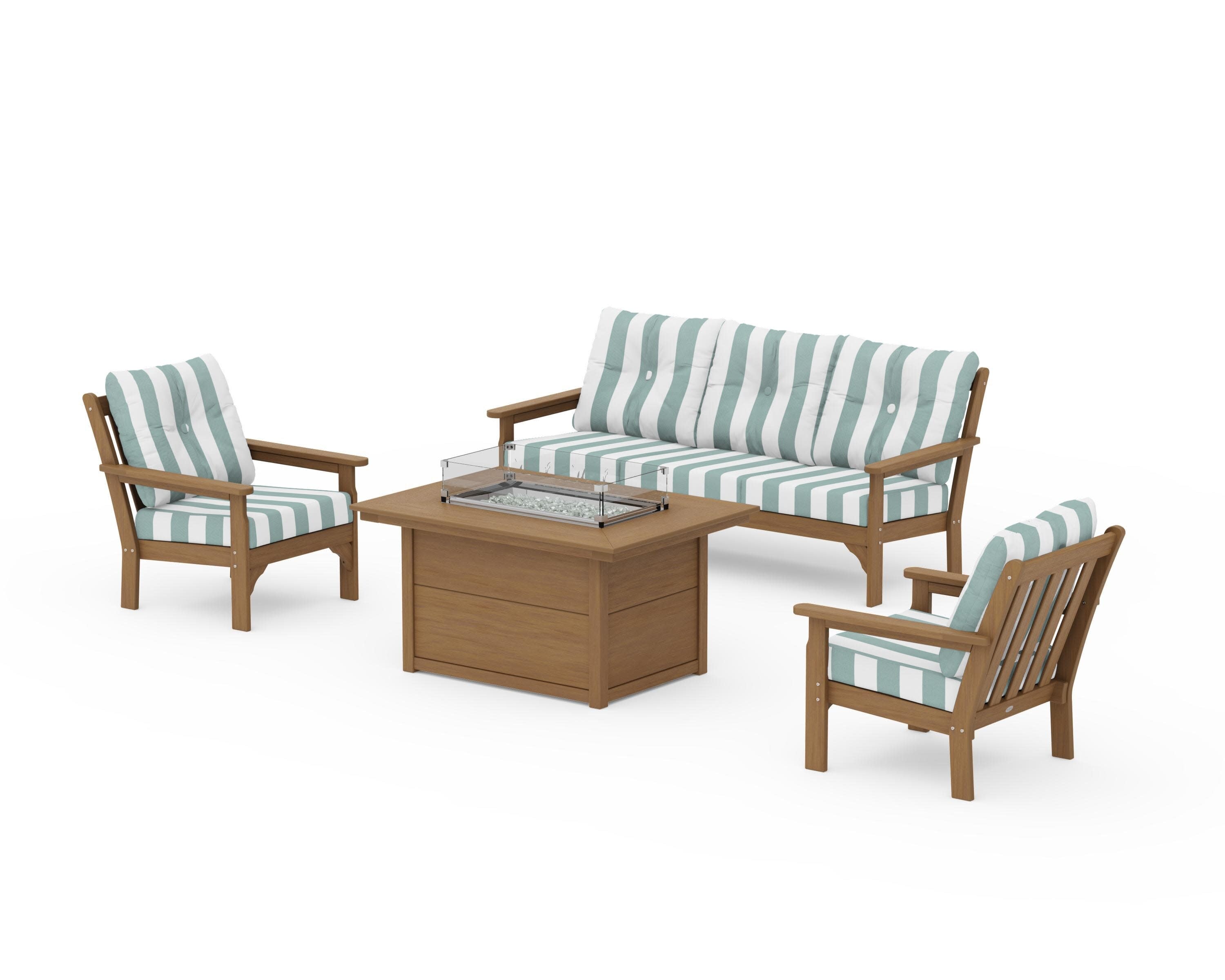 Vineyard Deep Seating Fire Pit Table Set in Natural / Cabana Stripe Glacier Spa