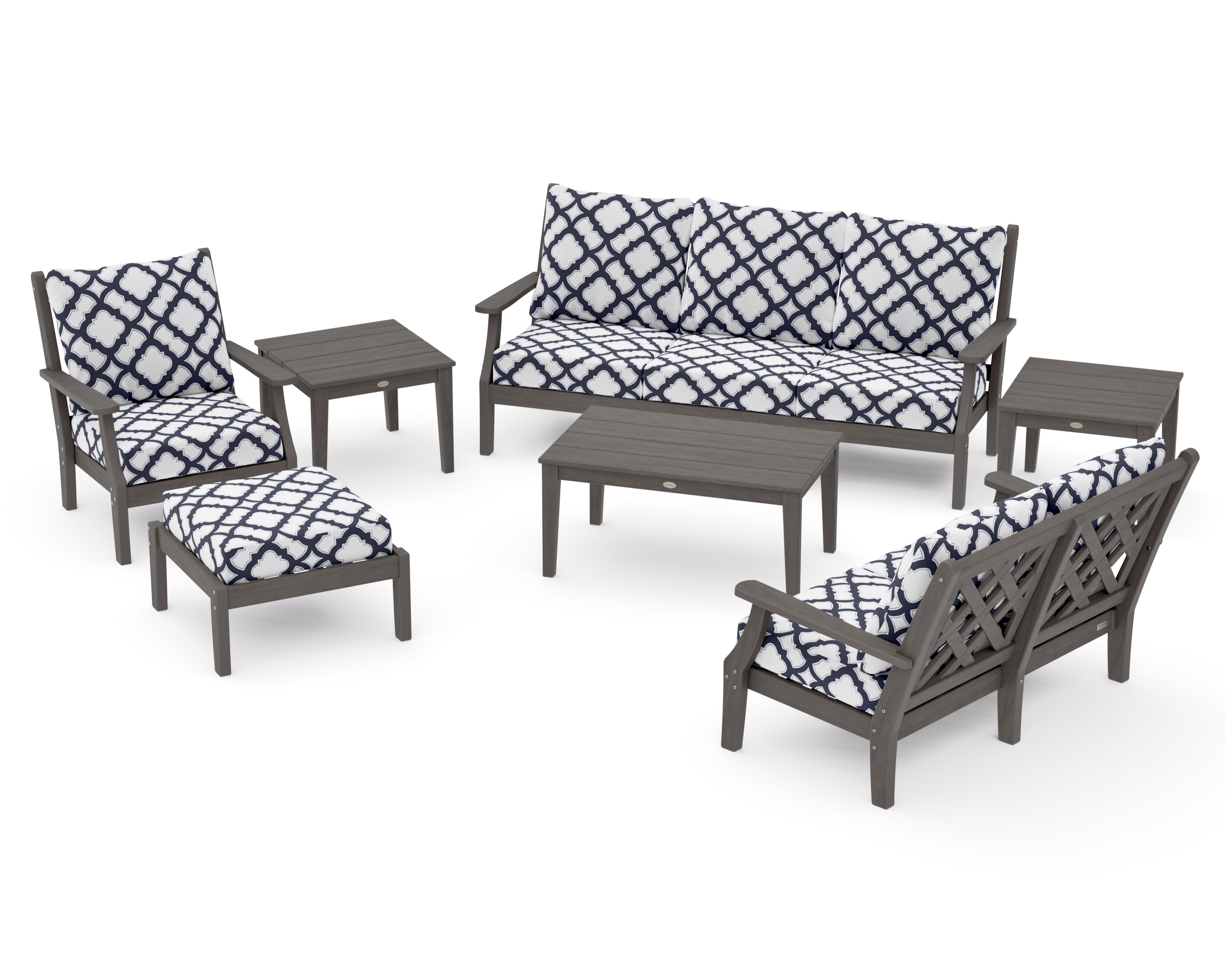 Wovendale 7-Piece Deep Seating Set in Driftwood / Trellis Navy