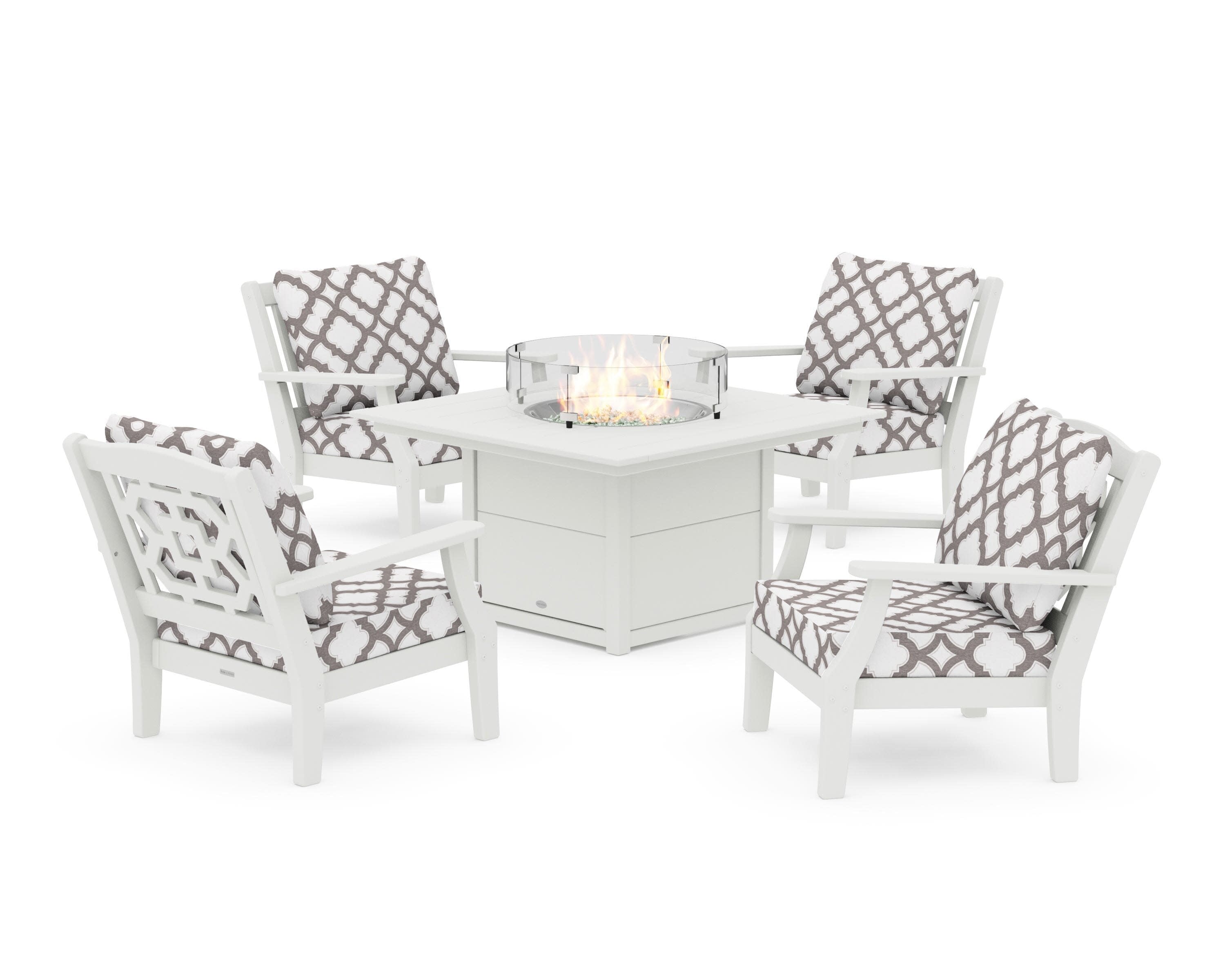 Chinoiserie 5-Piece Deep Seating Set with Fire Pit Table in Vintage White / Trellis Grey Mist