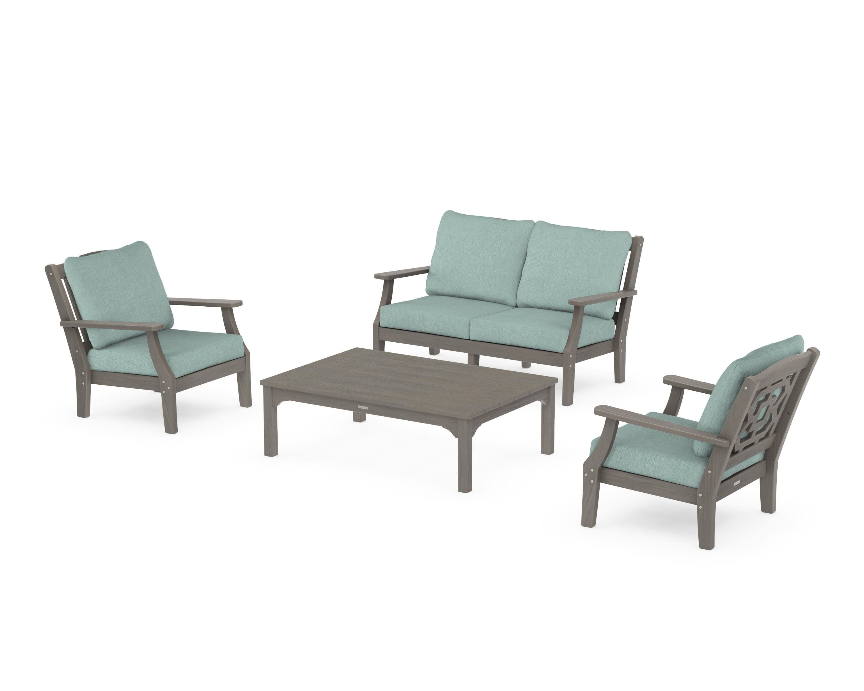 Chinoiserie 4-Piece Deep Seating Set with Loveseat in Driftwood / Glacier Spa