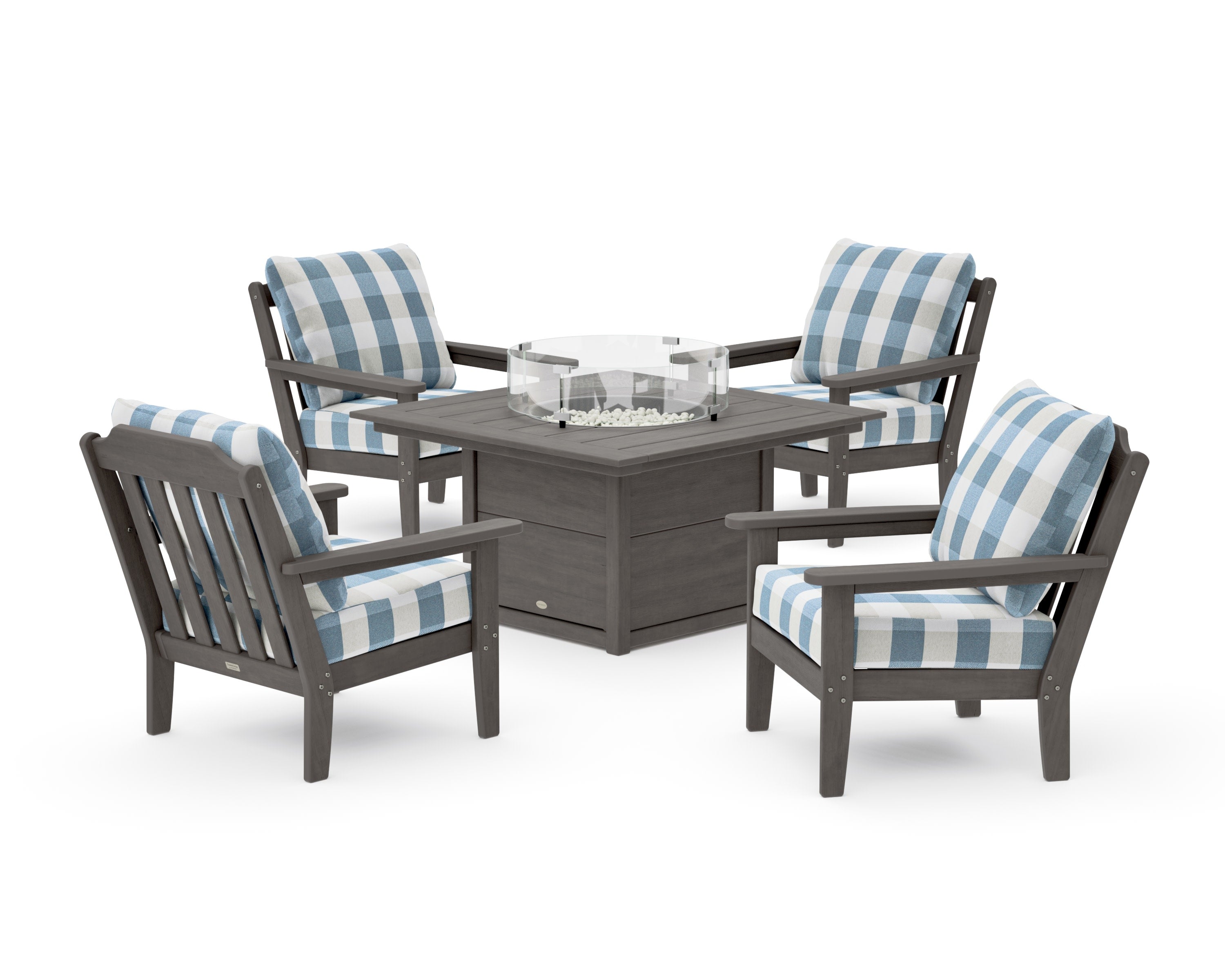 Cottage 5-Piece Deep Seating Set with Fire Pit Table in Driftwood / Buffalo Plaid Sky Blue