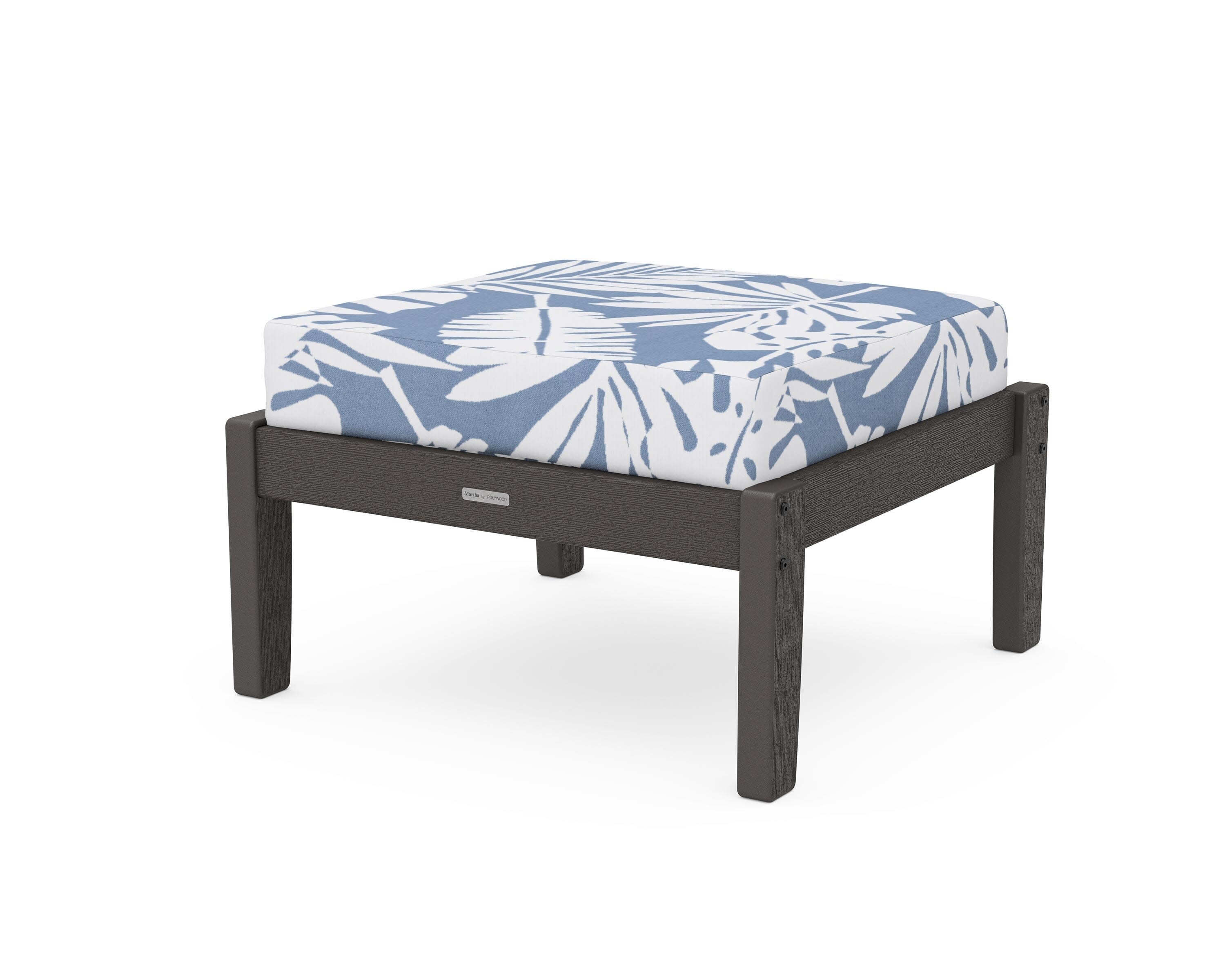 Chinoiserie Deep Seating Ottoman in Vintage Coffee / Leaf Sky Blue