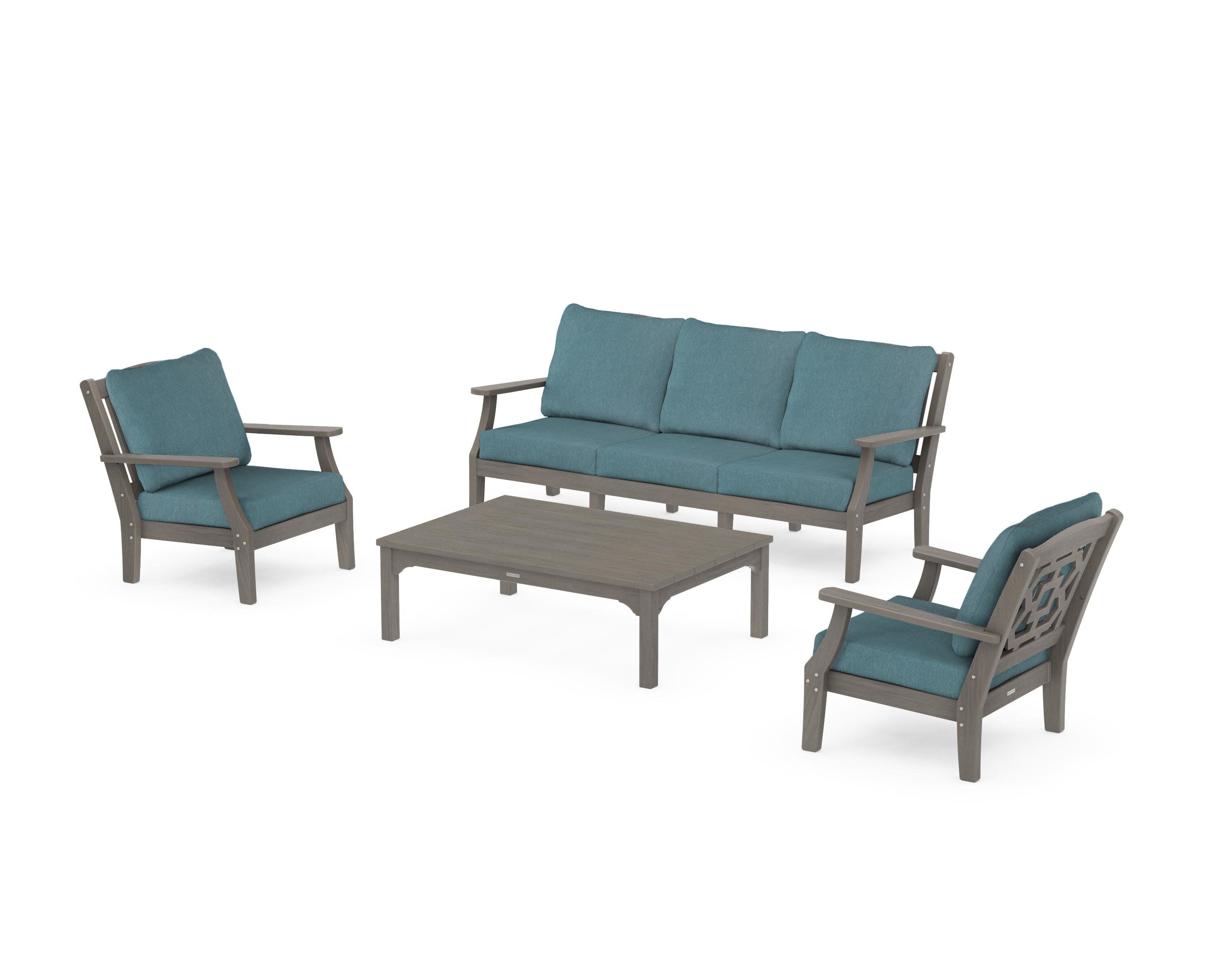 Chinoiserie 4-Piece Deep Seating Set with Sofa in Driftwood / Ocean Teal