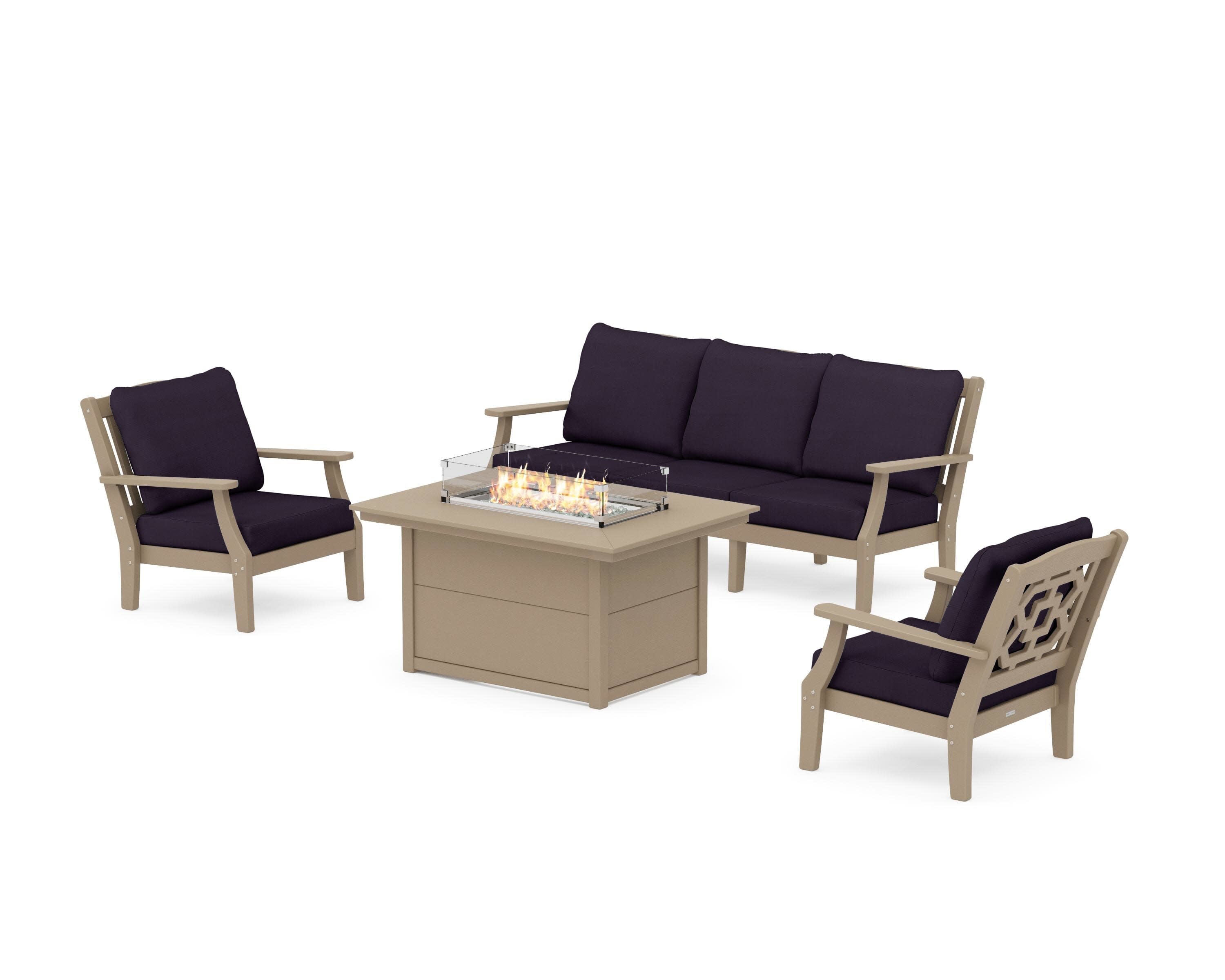 Chinoiserie Deep Seating Fire Pit Table Set in Vintage Sahara / Navy Linen