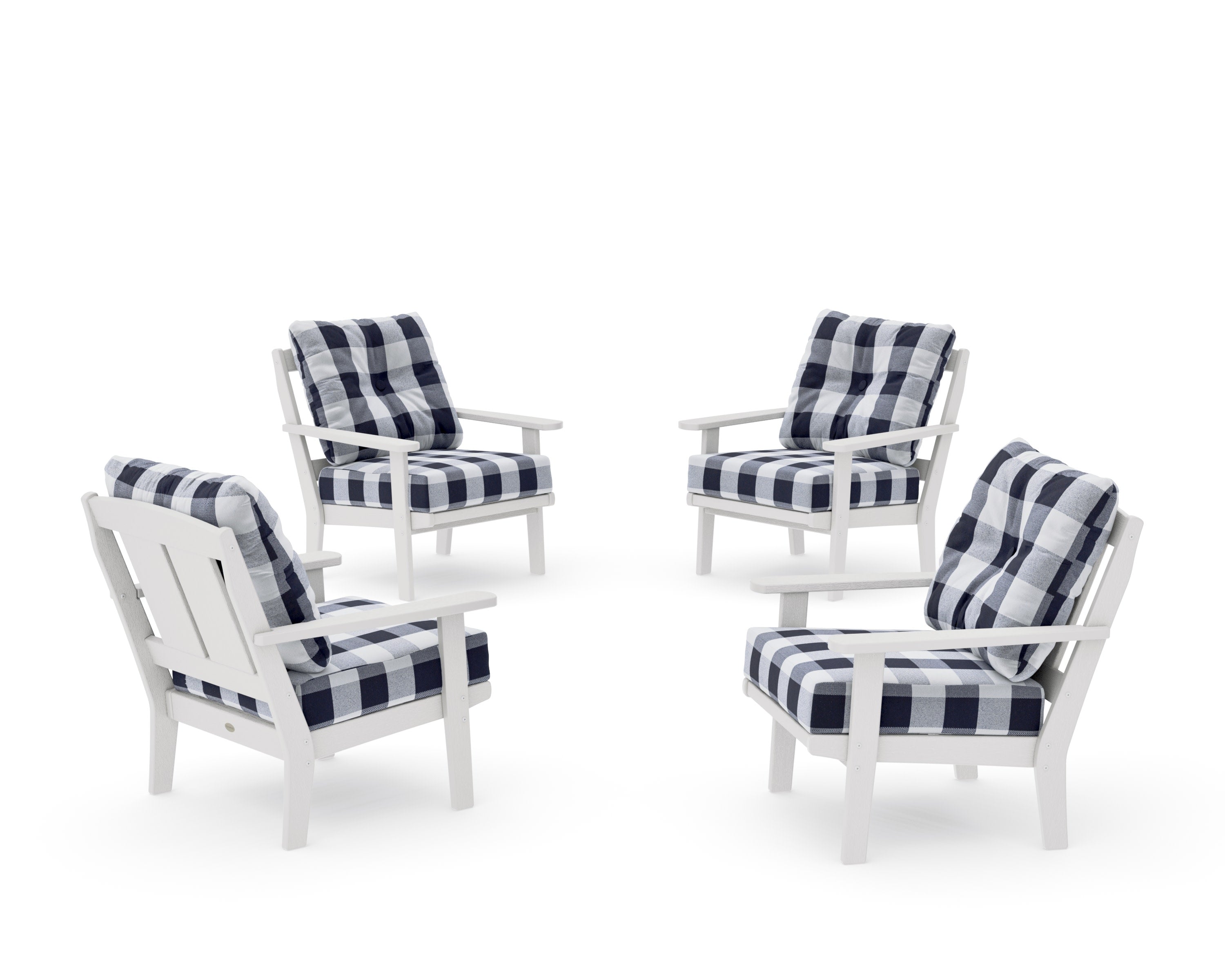 Mission 5-Piece Deep Seating Set with Fire Pit Table in Vintage White / Buffalo Plaid Navy