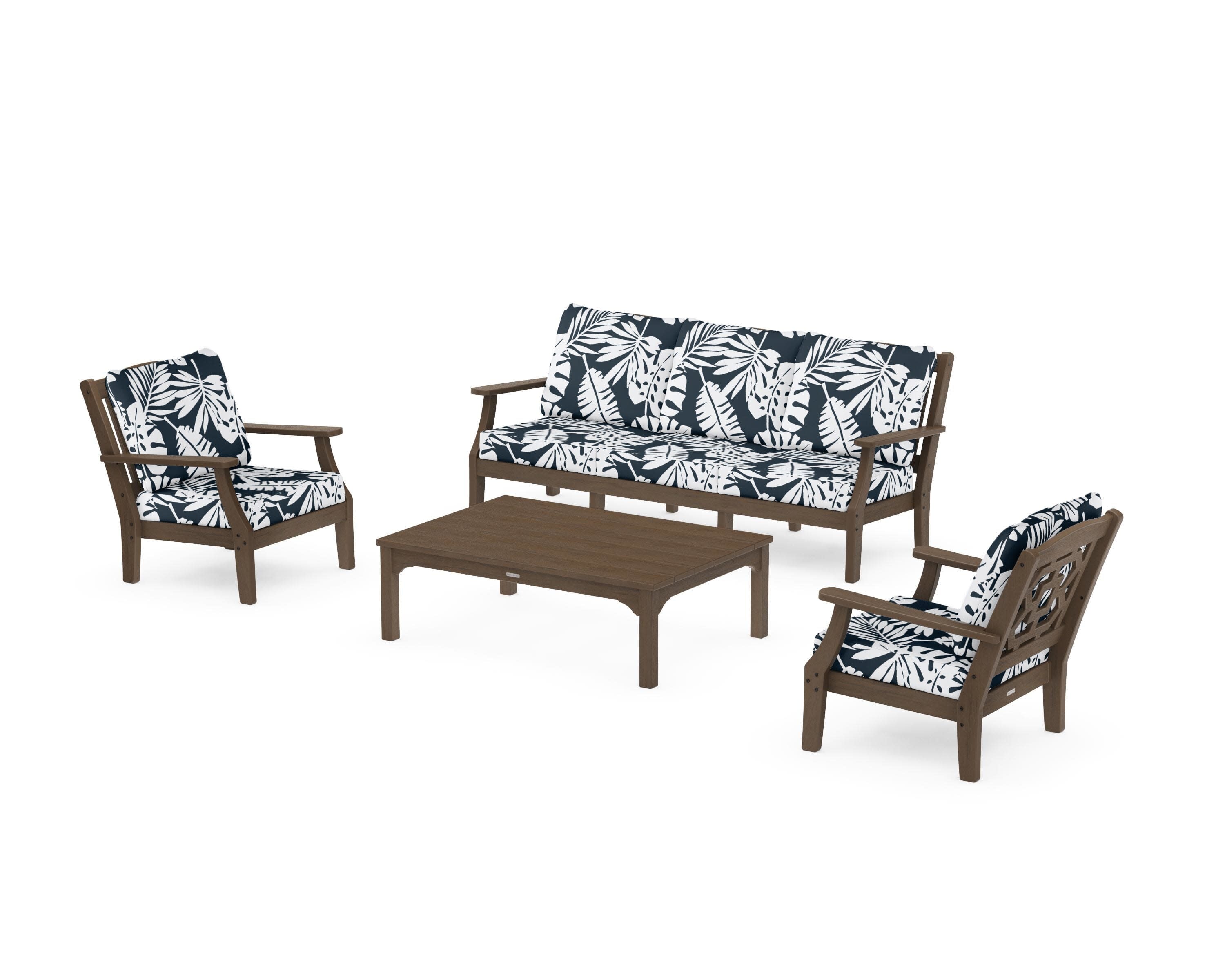 Chinoiserie 4-Piece Deep Seating Set with Sofa in Kona / Leaf Marine Indigo