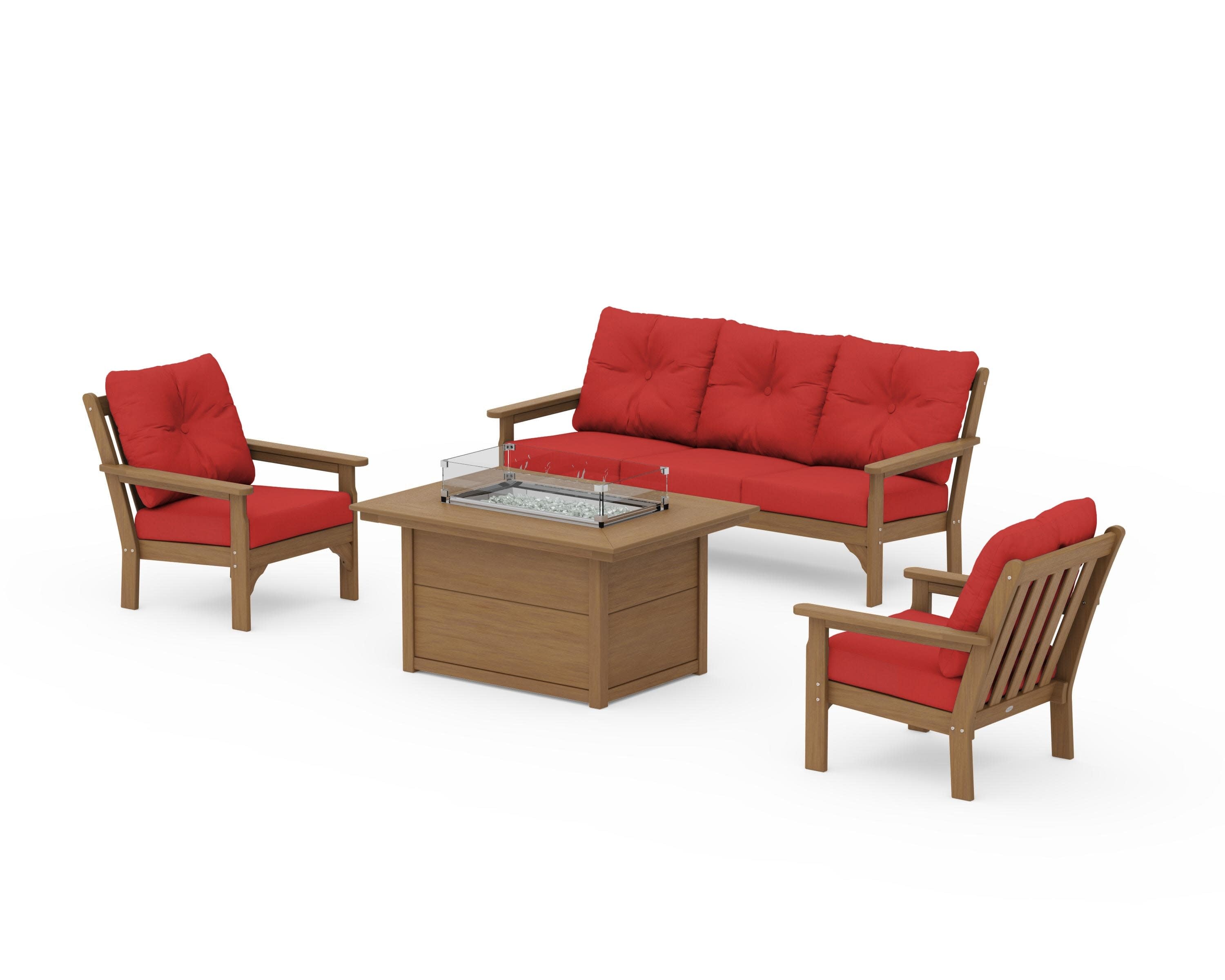 Vineyard Deep Seating Fire Pit Table Set in Natural / Crimson Linen