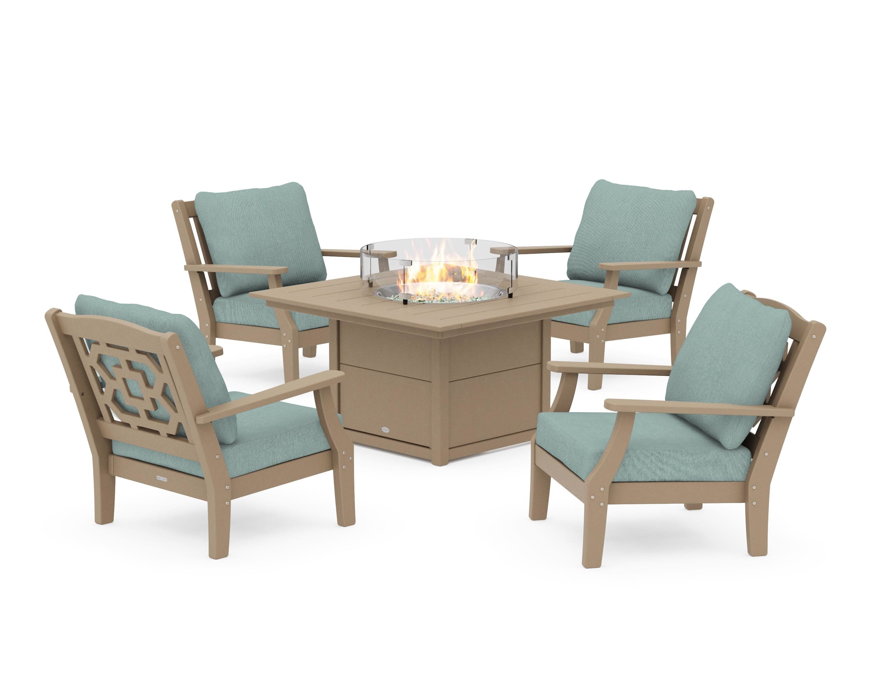 Chinoiserie 5-Piece Deep Seating Set with Fire Pit Table in Vintage Sahara / Glacier Spa