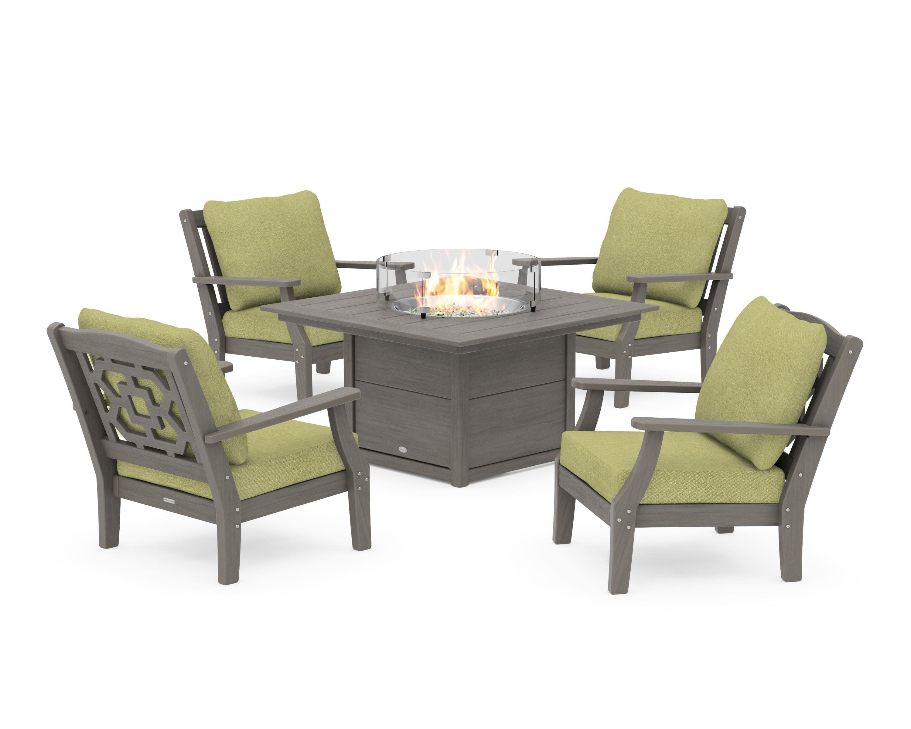 Chinoiserie 5-Piece Deep Seating Set with Fire Pit Table in Driftwood / Chartreuse Boucle
