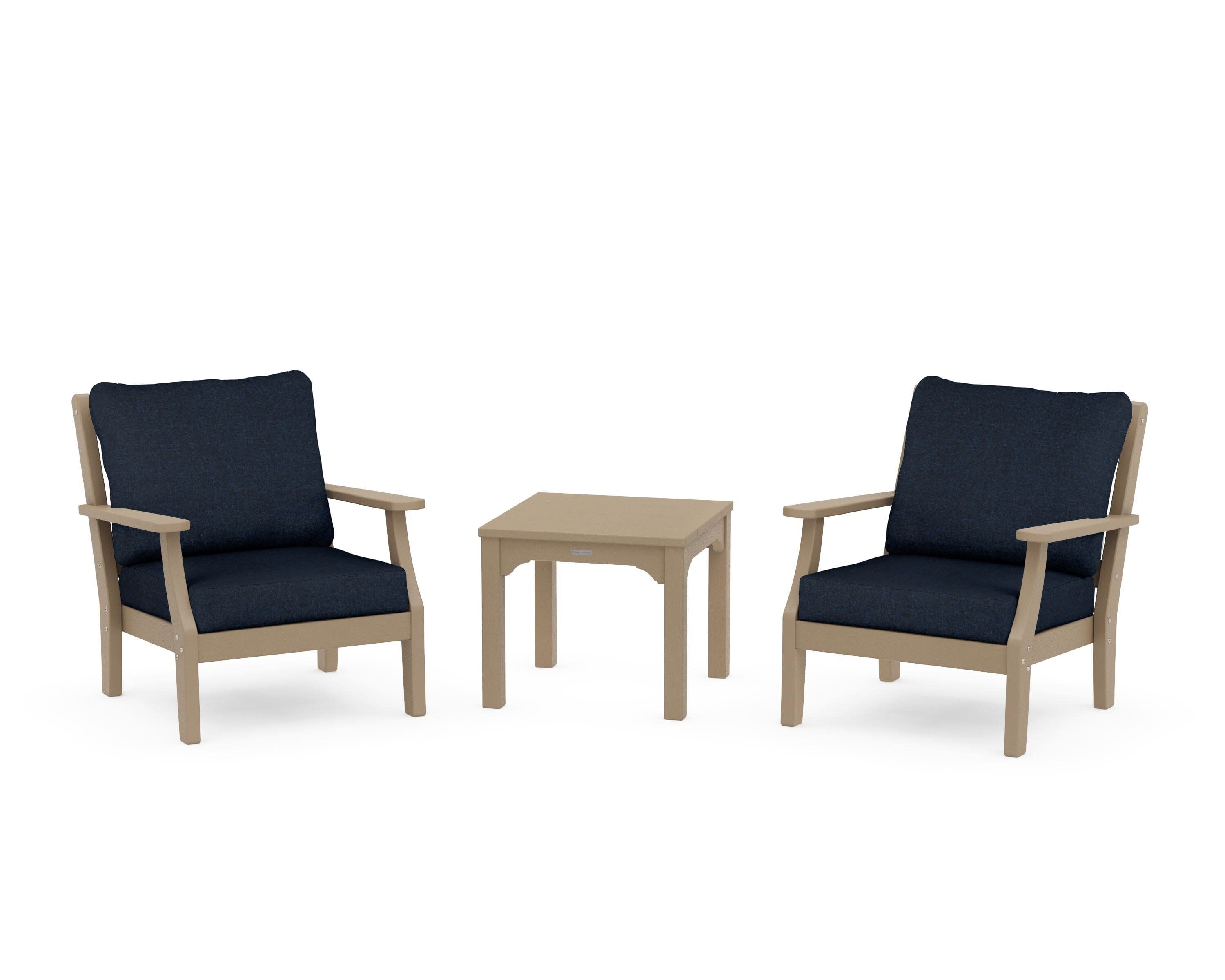 Chinoiserie 3-Piece Deep Seating Set in Vintage Sahara / Marine Indigo