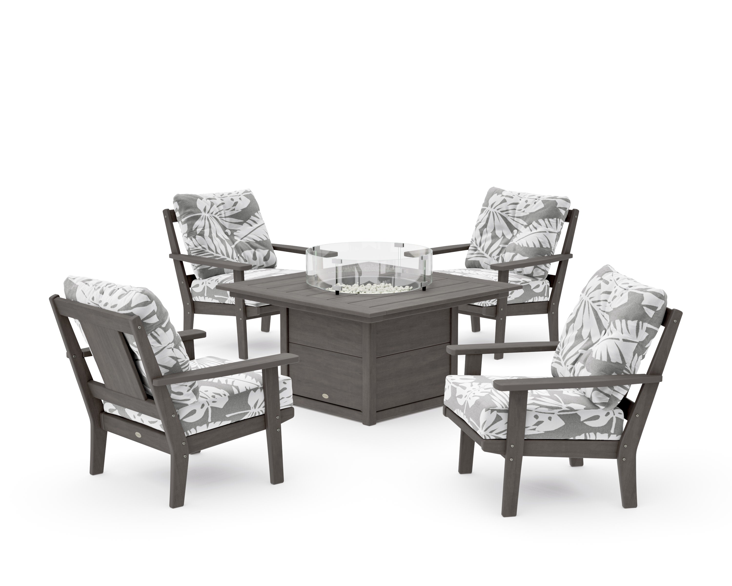 Prairie 5-Piece Deep Seating Set with Fire Pit Table in Driftwood / Leaf Grey Mist