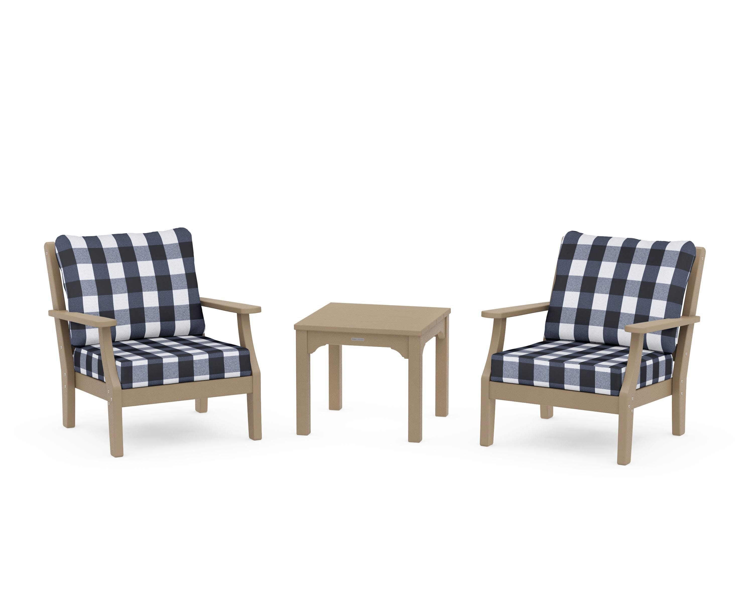 Chinoiserie 3-Piece Deep Seating Set in Vintage Sahara / Buffalo Plaid Marine Indigo