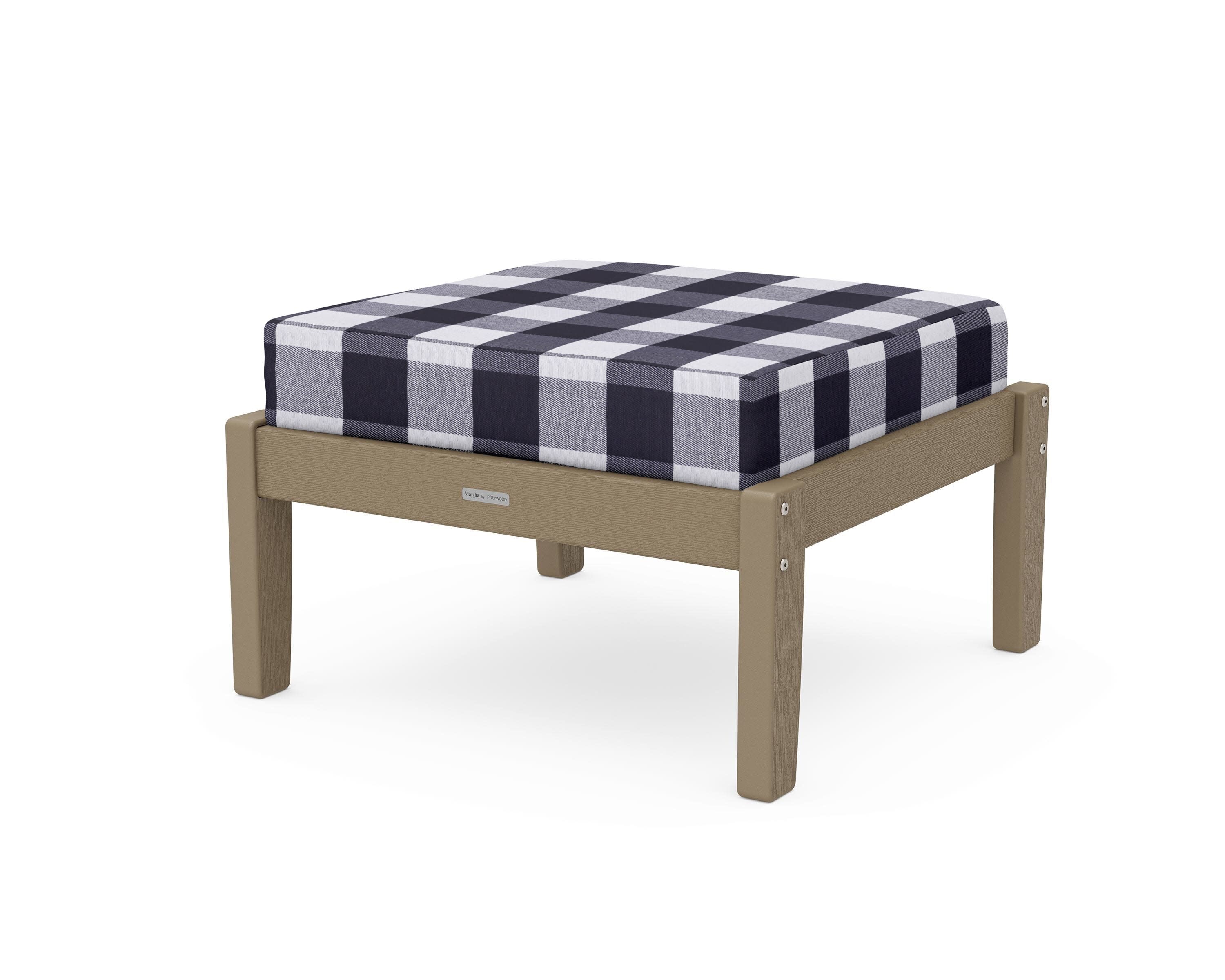 Chinoiserie Deep Seating Ottoman in Vintage Sahara / Buffalo Plaid Navy