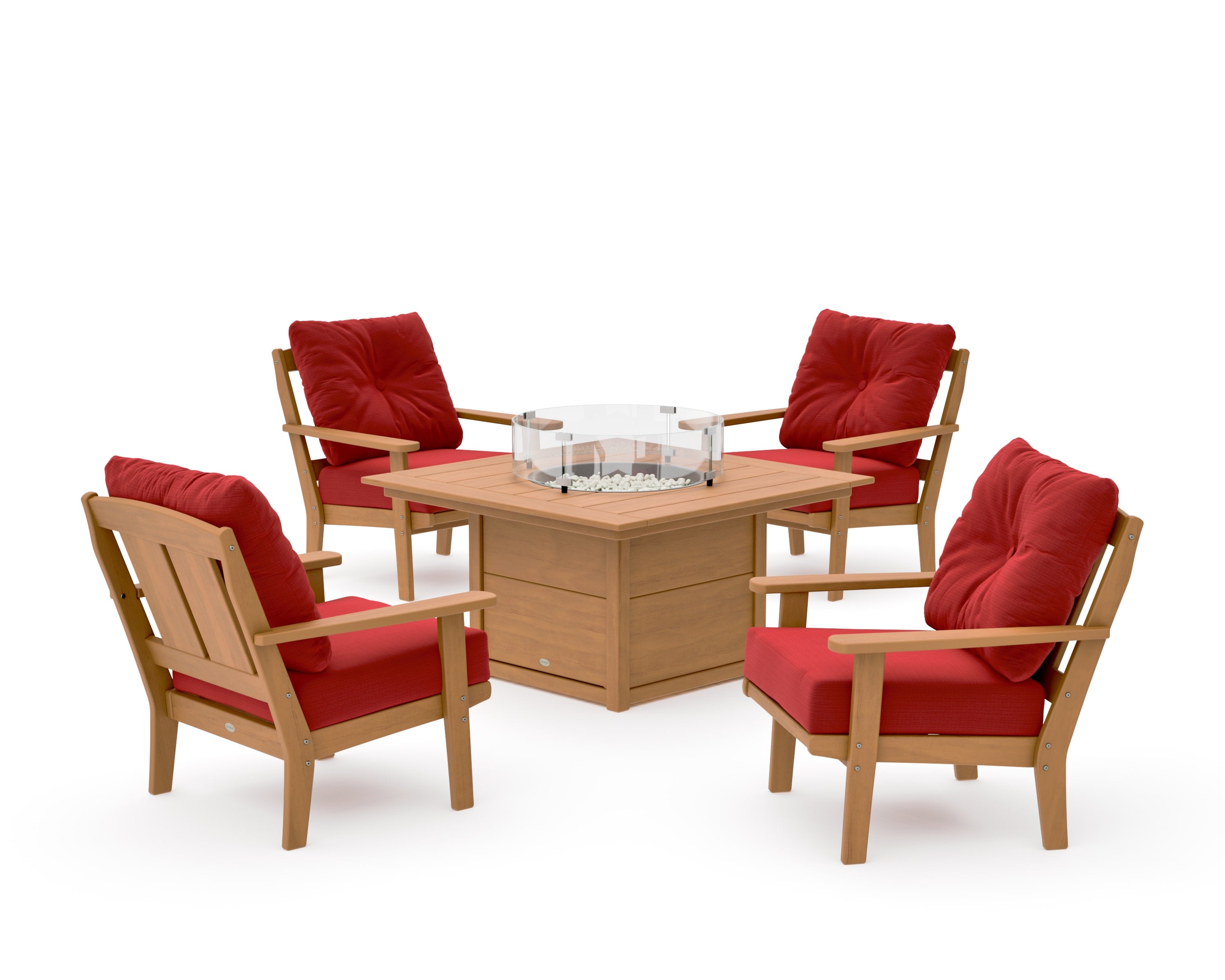 Mission 5-Piece Deep Seating Set with Fire Pit Table in Natural / Crimson Linen