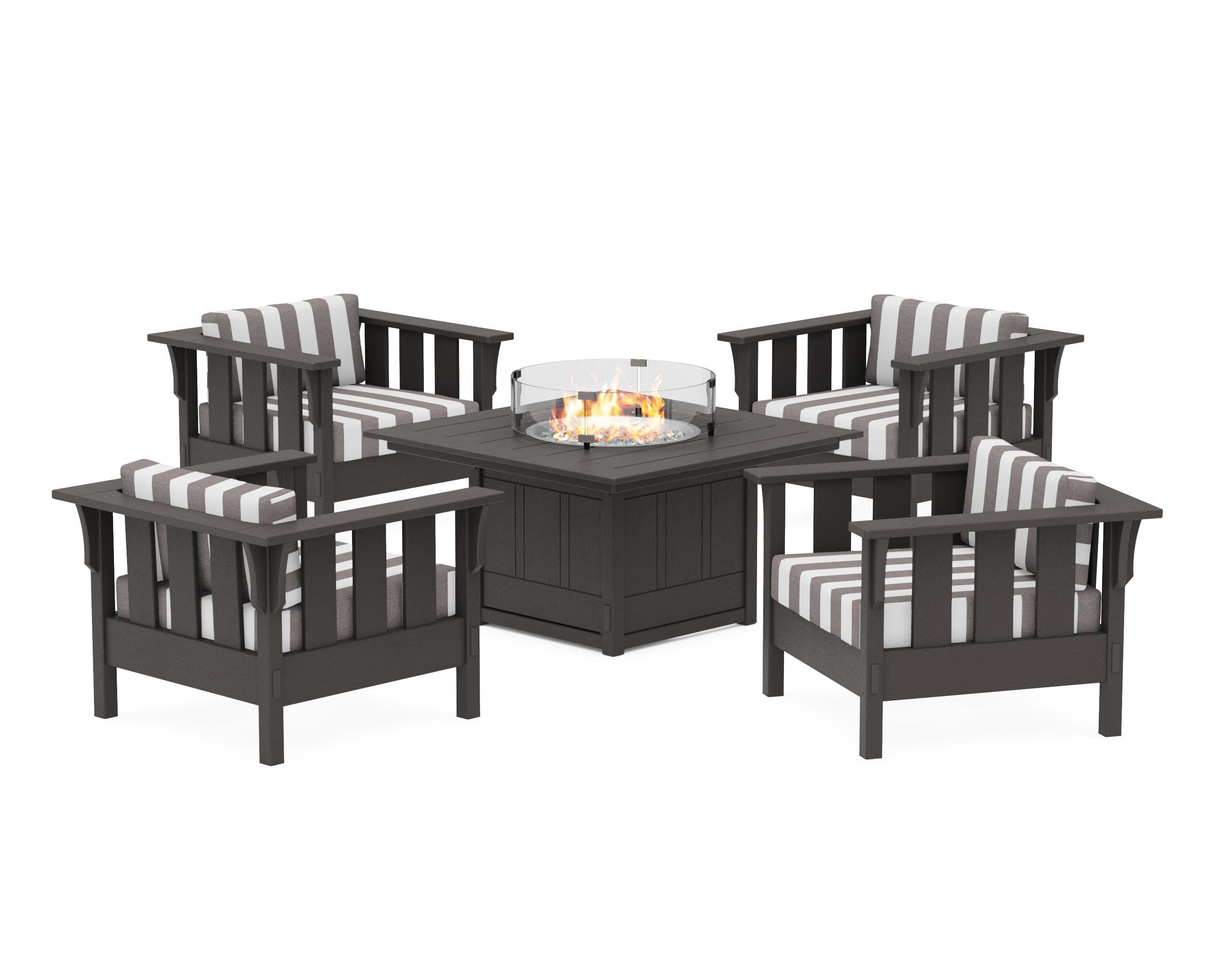 Acadia 5-Piece Deep Seating Set with Fire Pit Table in Vintage Coffee / Cabana Stripe Grey Mist