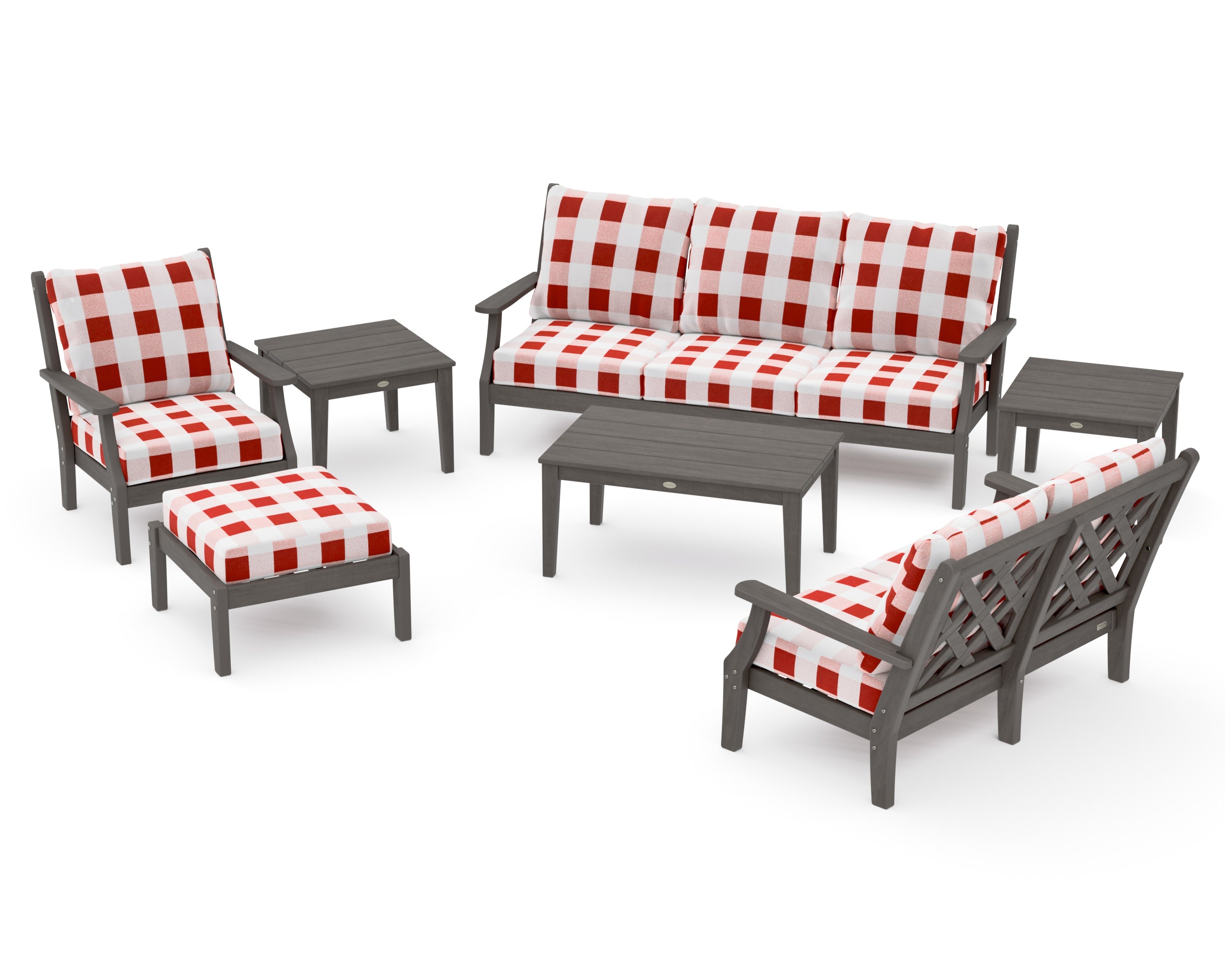 Wovendale 7-Piece Deep Seating Set in Driftwood / Buffalo Plaid Crimson