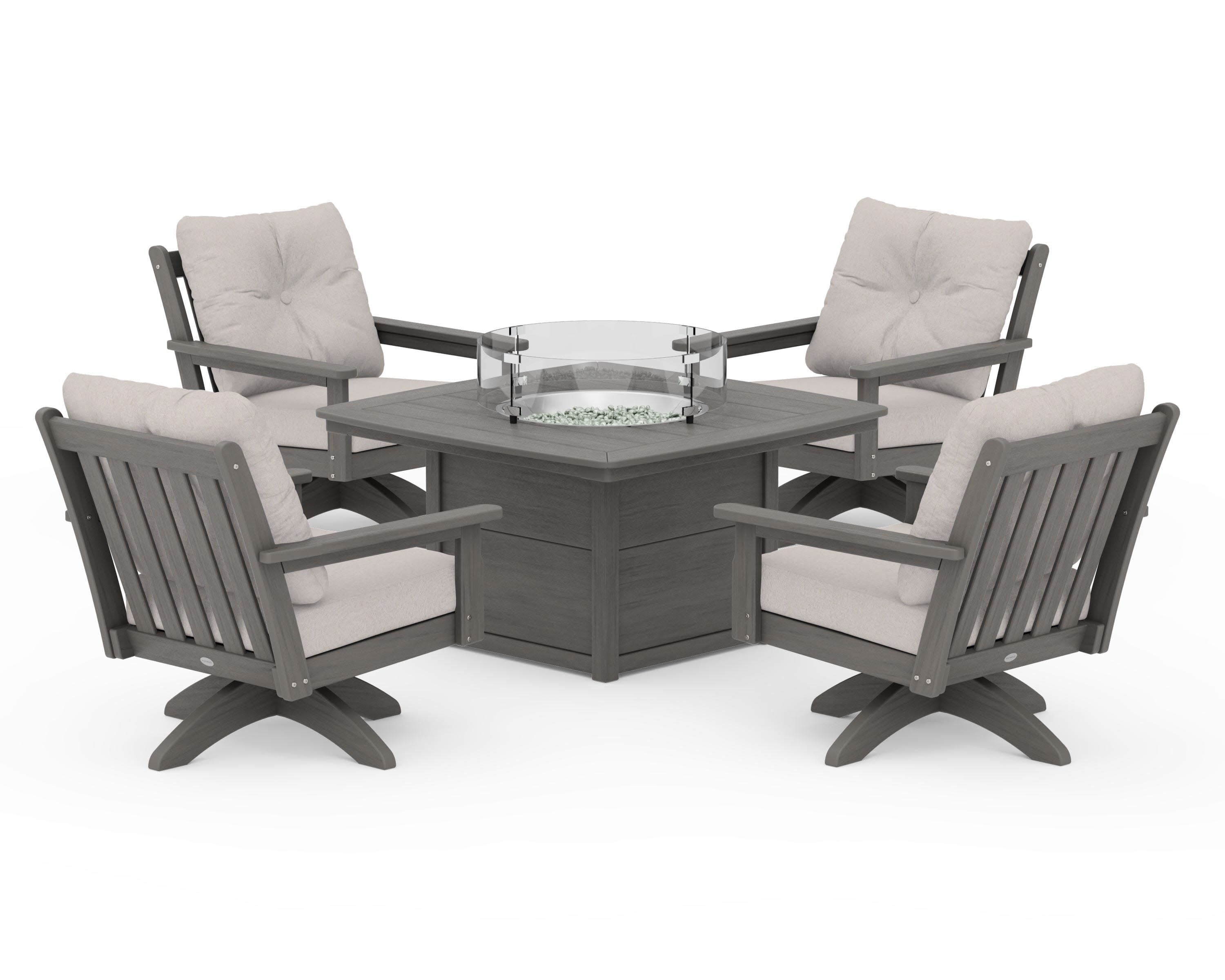 Vineyard 5-Piece Deep Seating Swivel Conversation Set with Fire Pit Table in Driftwood / Dune Burlap