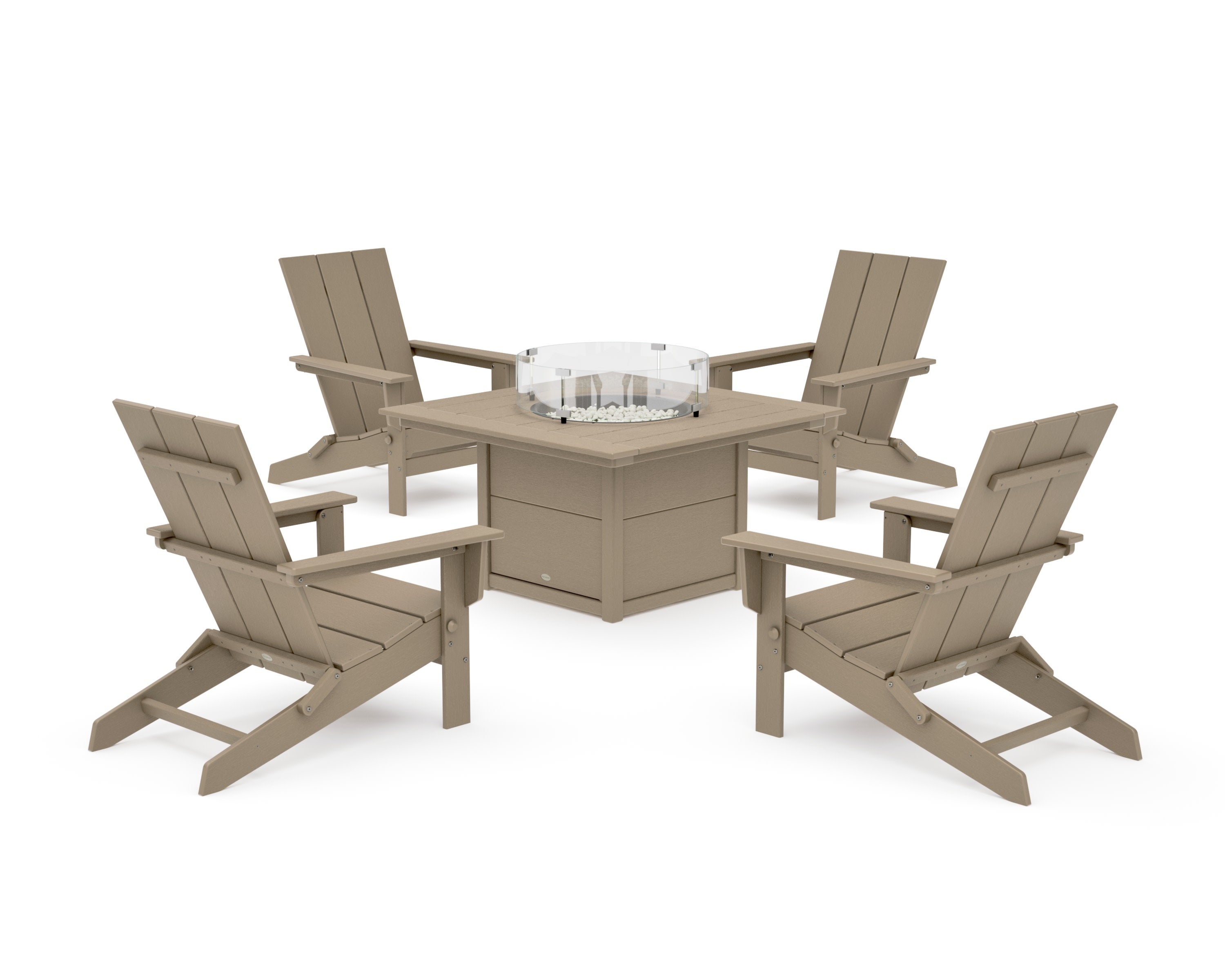 5-Piece Modern Studio Folding Adirondack Conversation Set with Fire Pit Table in Vintage Sahara
