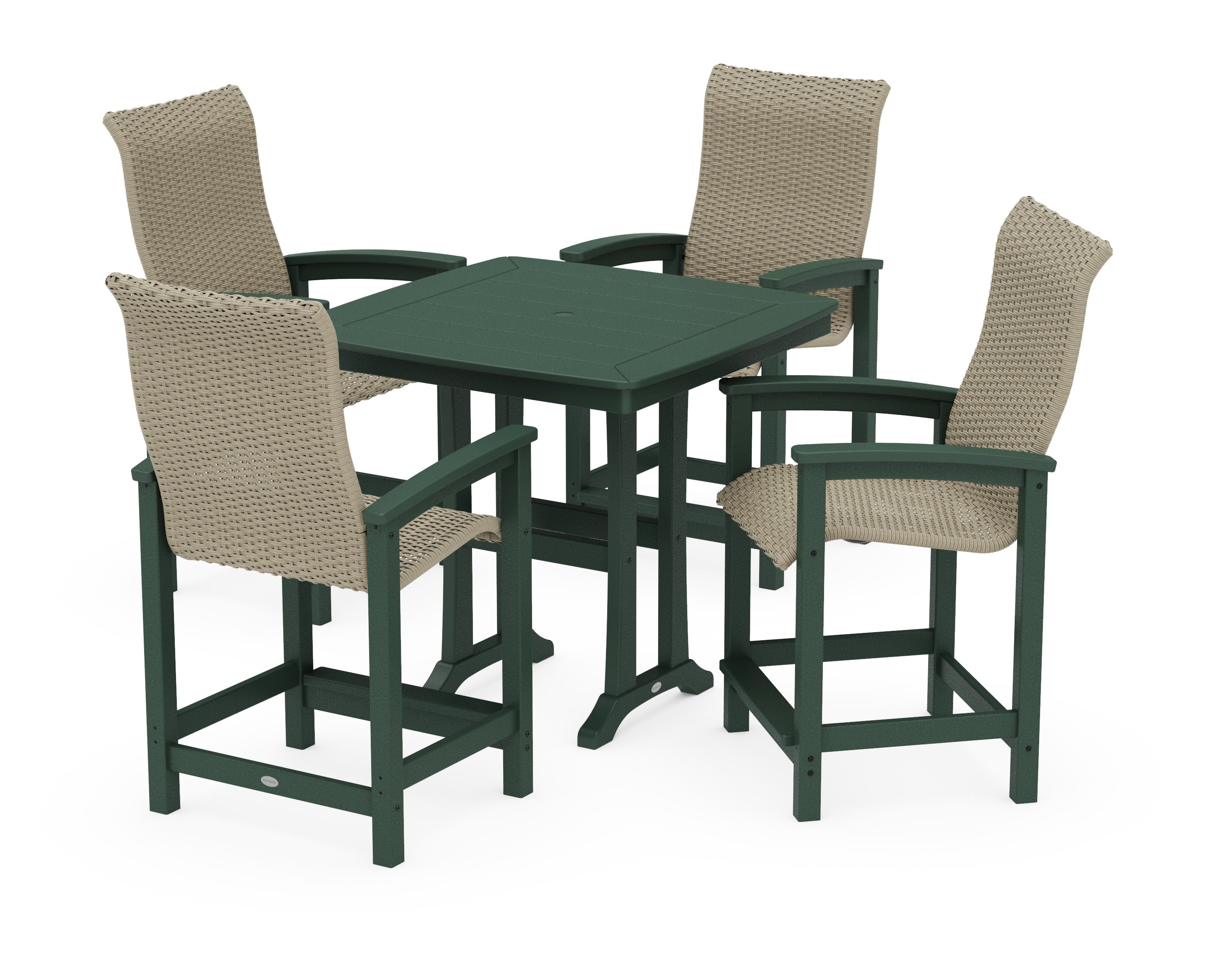 Coastal Woven High-Back 5-Piece Counter Set with Trestle Legs in Green / Dune Grass