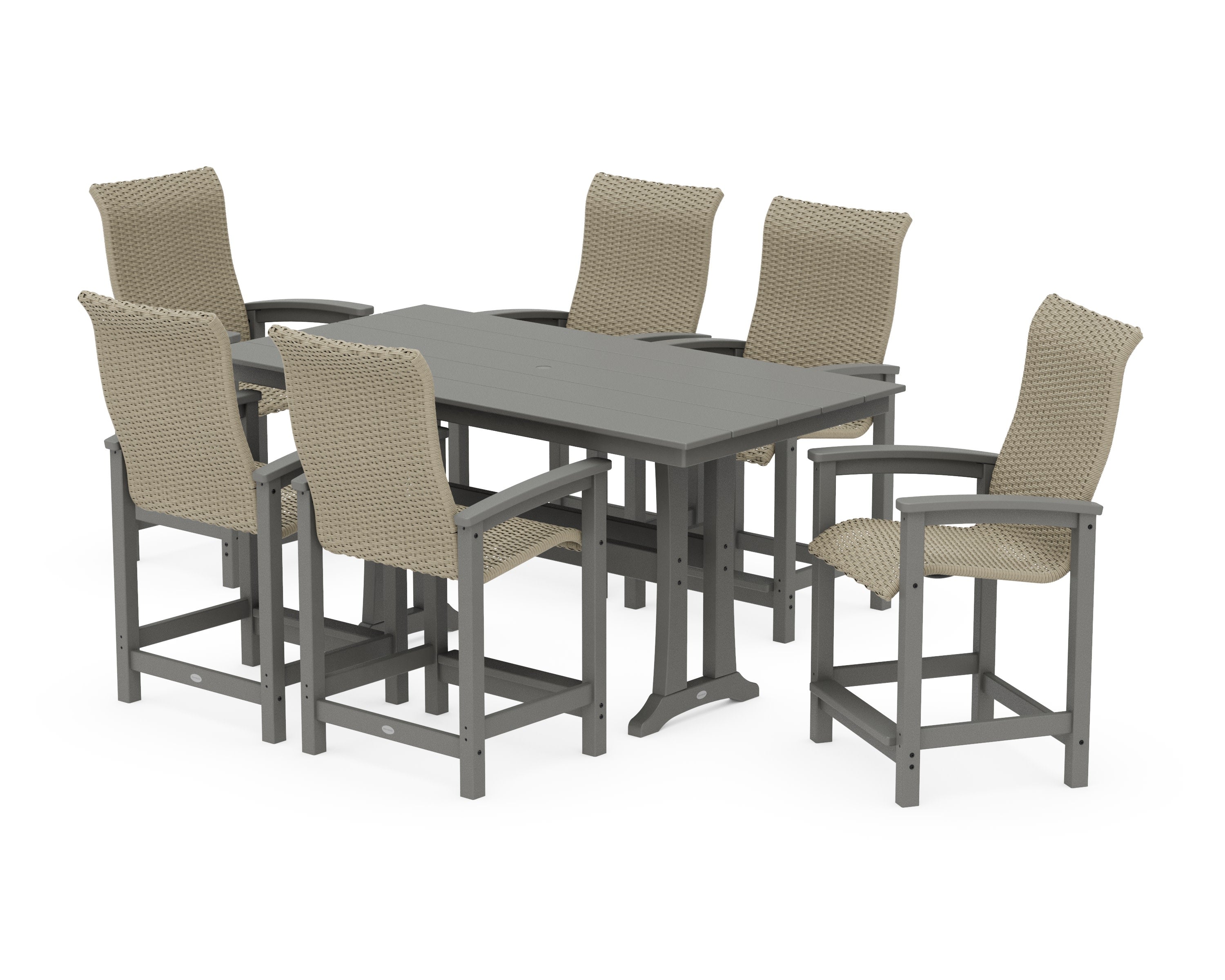 Coastal Woven High-Back Arm Chair 7-Piece Farmhouse Counter Set with Trestle Legs in Slate Grey / Dune Grass