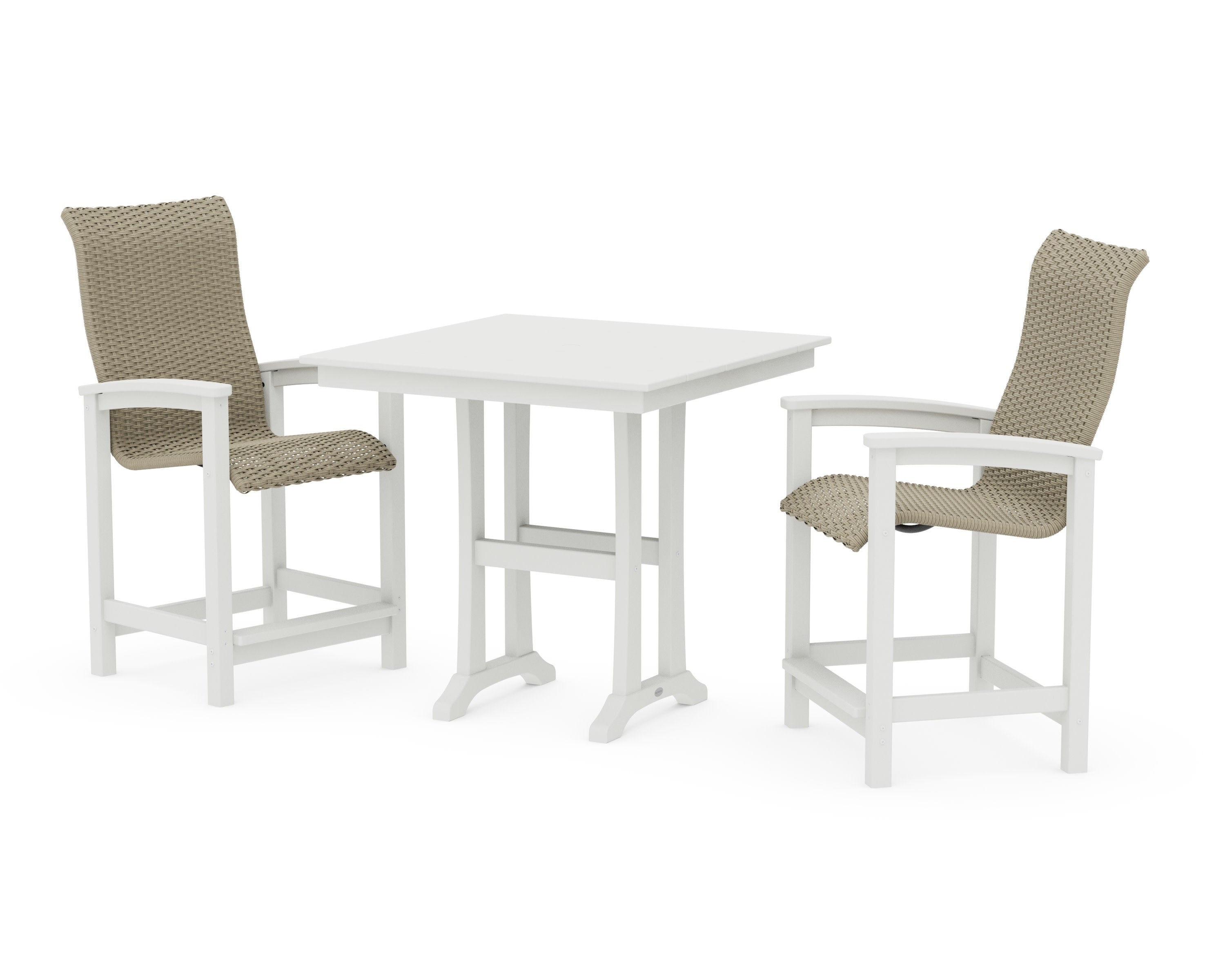 Coastal Woven High-Back 3-Piece Farmhouse Counter Set with Trestle Legs in Vintage White / Dune Grass