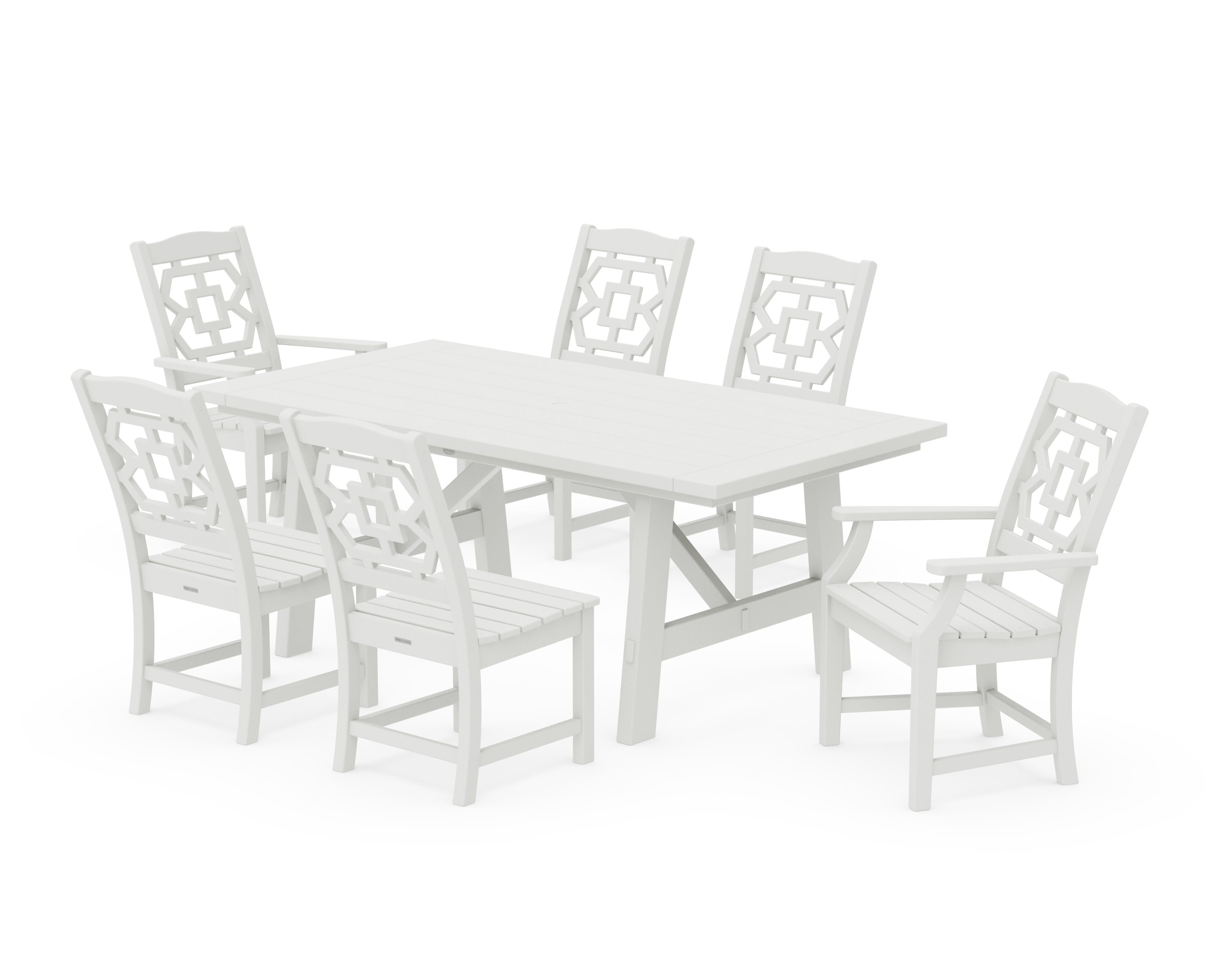 Chinoiserie 7-Piece Rustic Farmhouse Dining Set in Vintage White