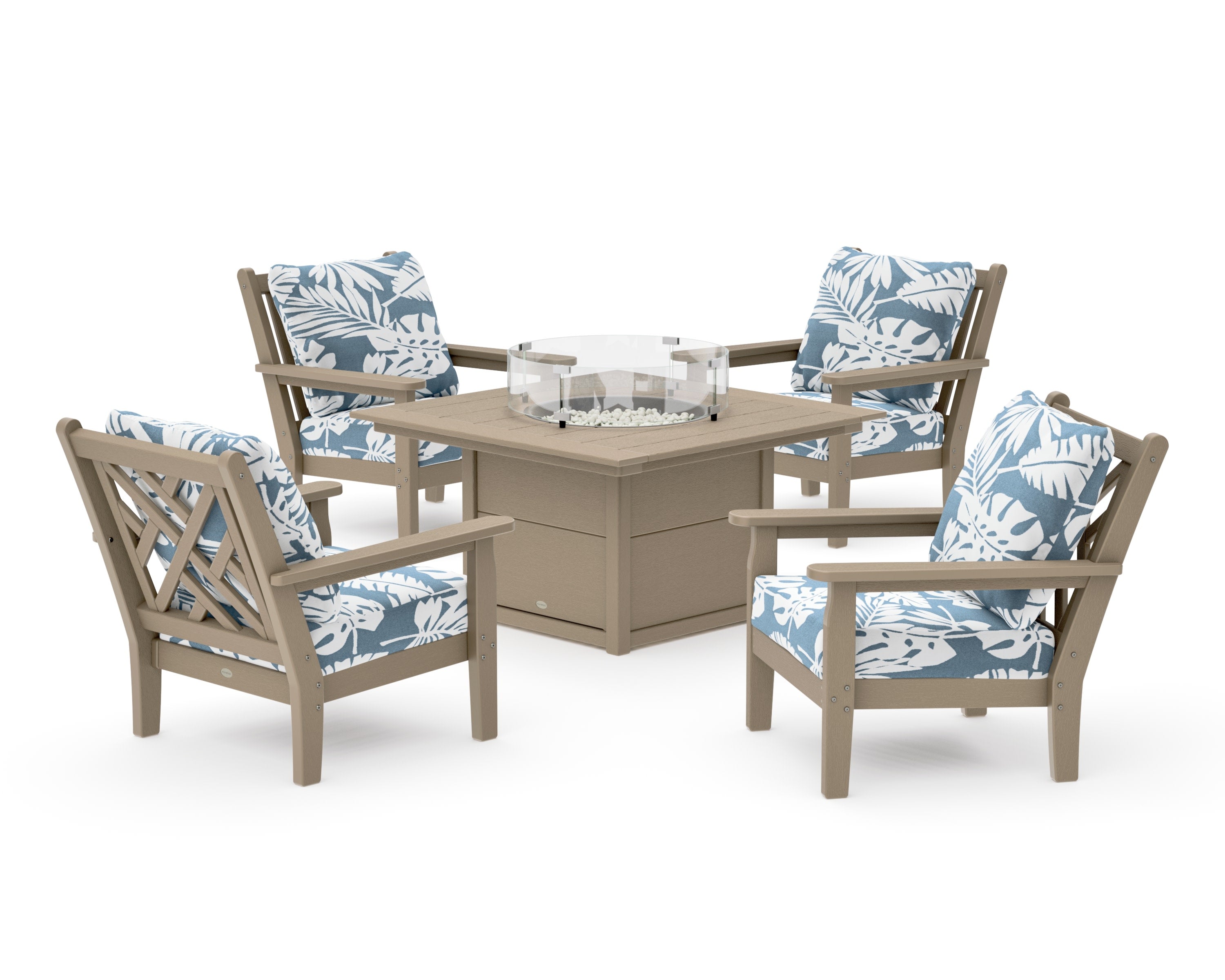 Chippendale 5-Piece Deep Seating Set with Fire Pit Table in Vintage Sahara / Leaf Sky Blue