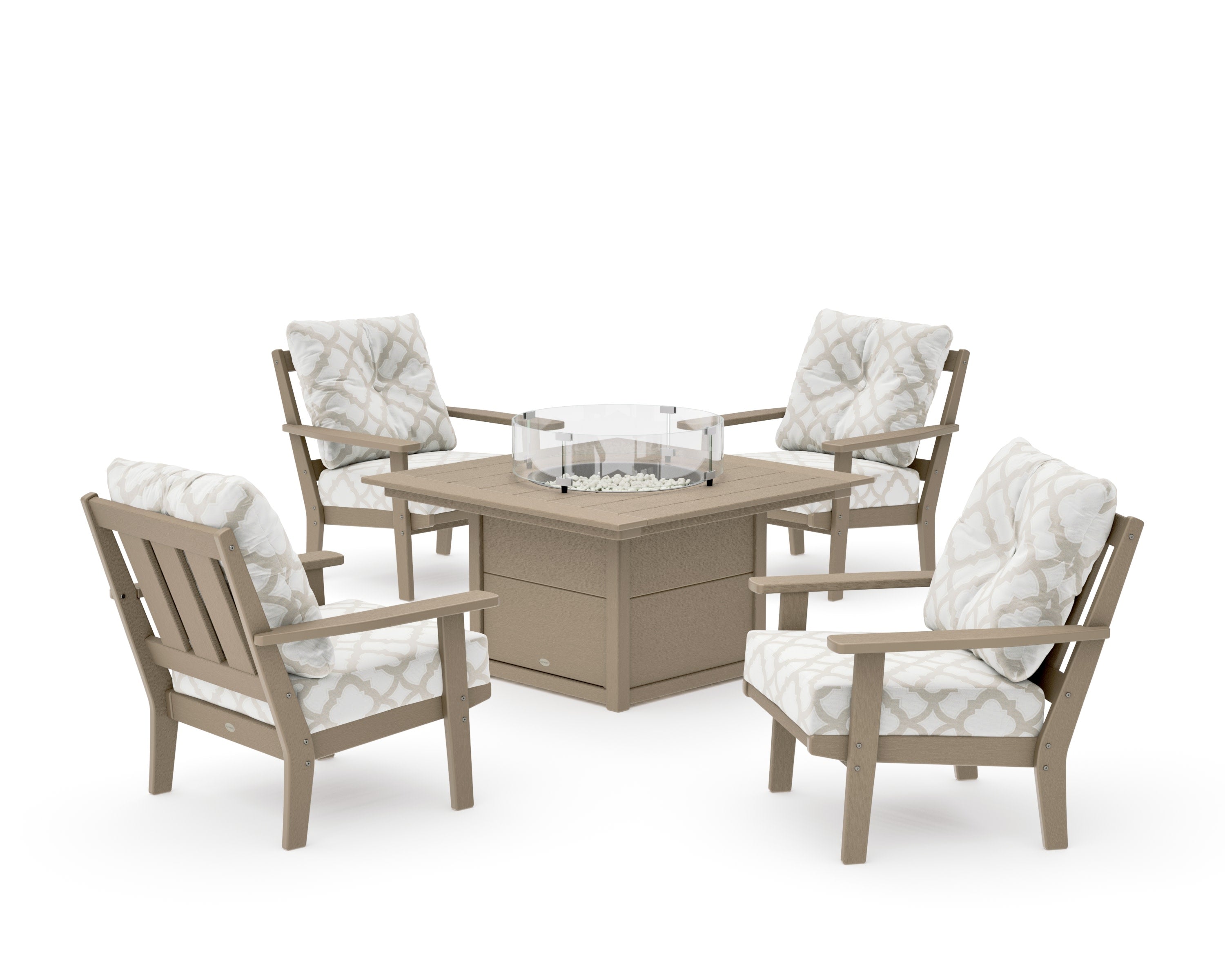 Oxford 5-Piece Deep Seating Set with Fire Pit Table in Vintage Sahara / Trellis Dune Burlap