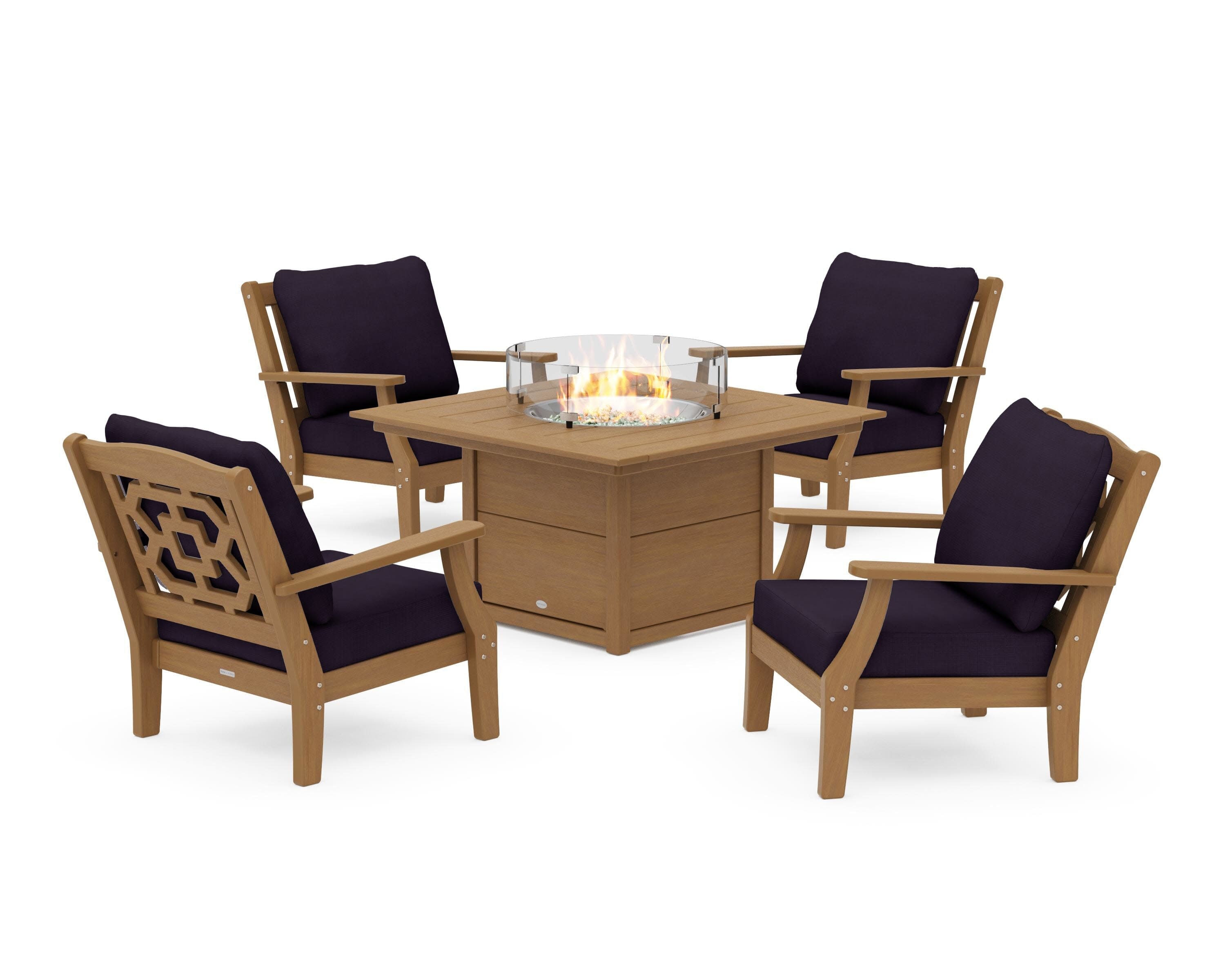 Chinoiserie 5-Piece Deep Seating Set with Fire Pit Table in Natural / Navy Linen