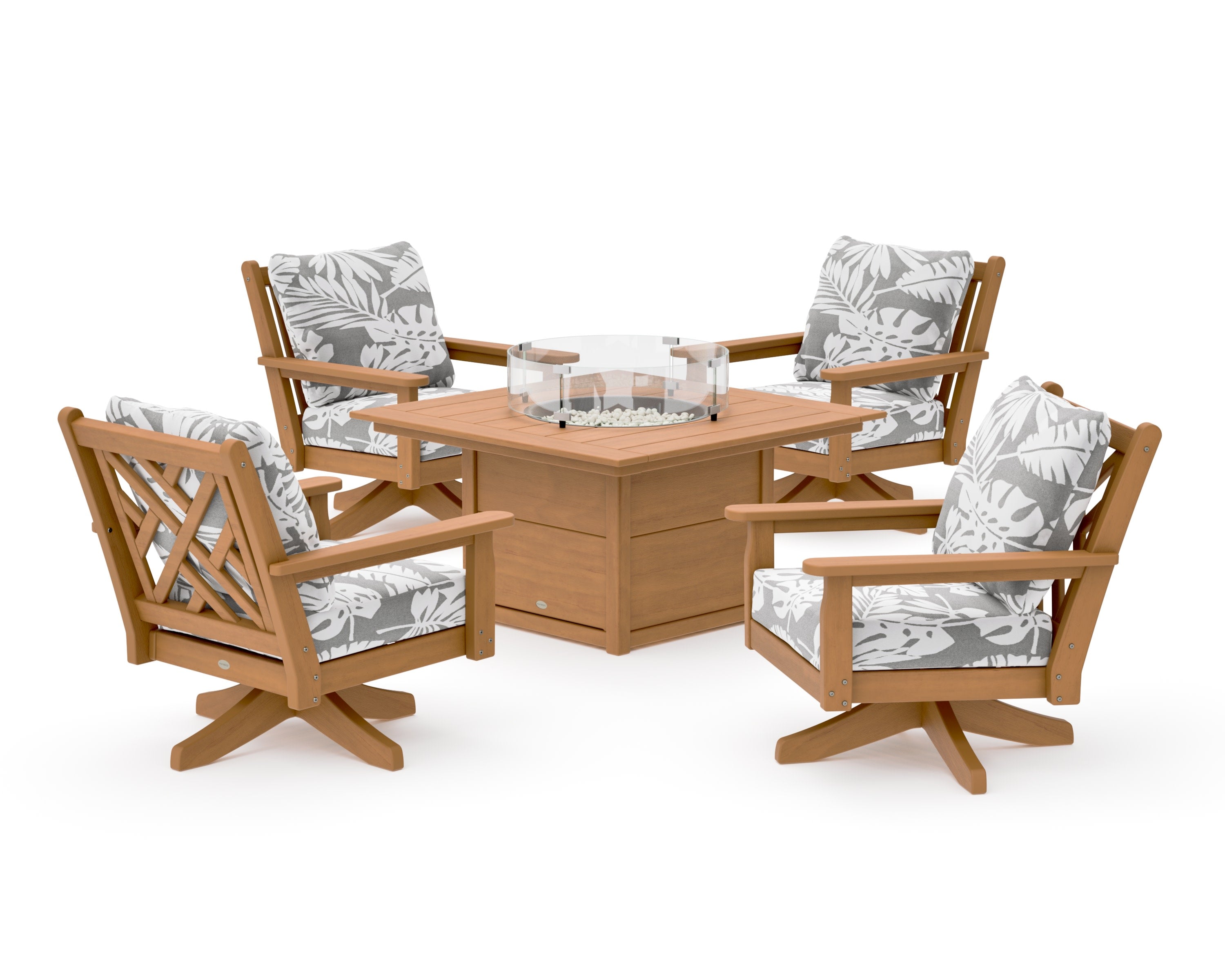Chippendale 5-Piece Deep Seating Swivel Conversation Set with Fire Pit Table in Natural / Leaf Grey Mist