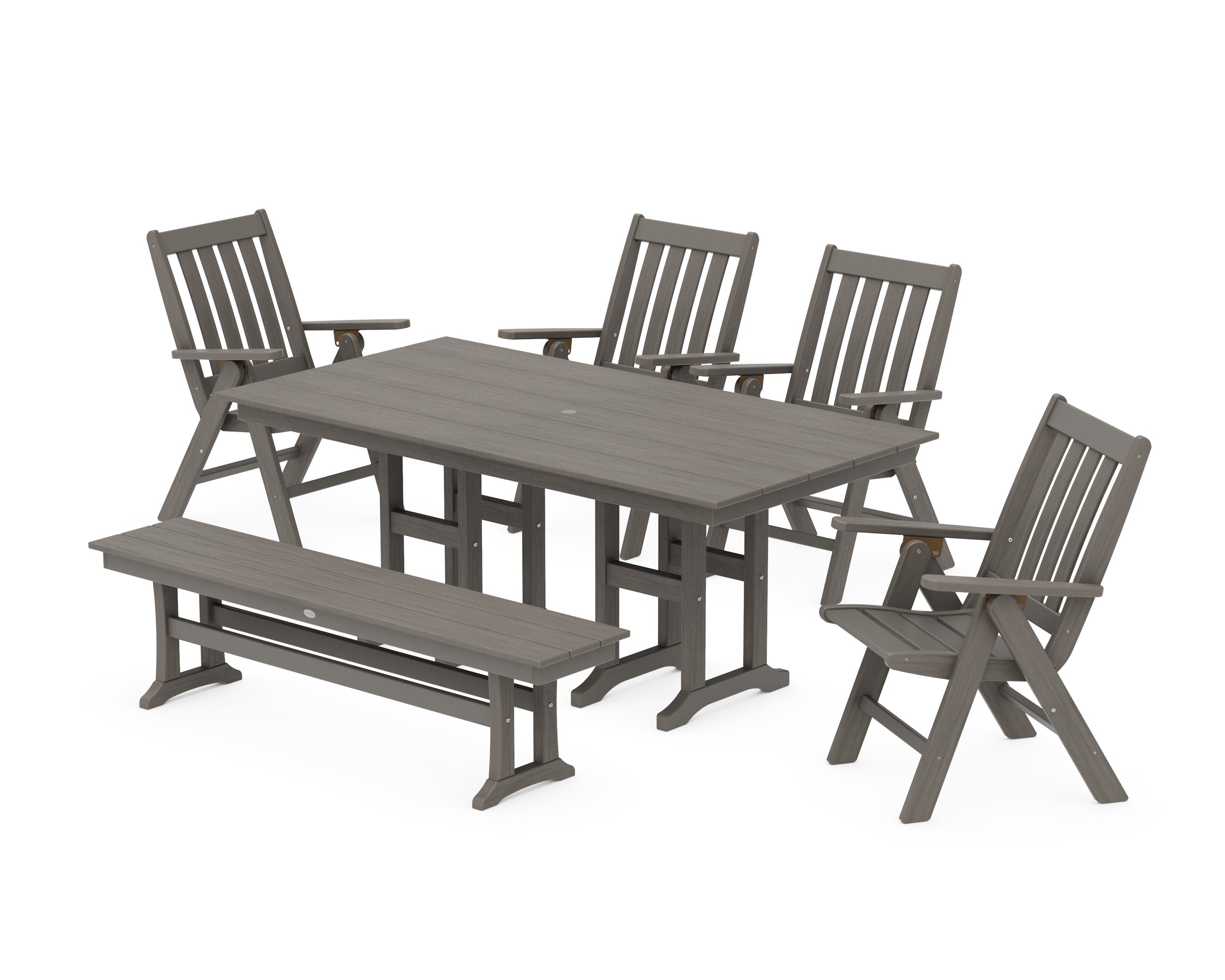 Vineyard Folding Chair 6-Piece Farmhouse Dining Set with Bench in Driftwood