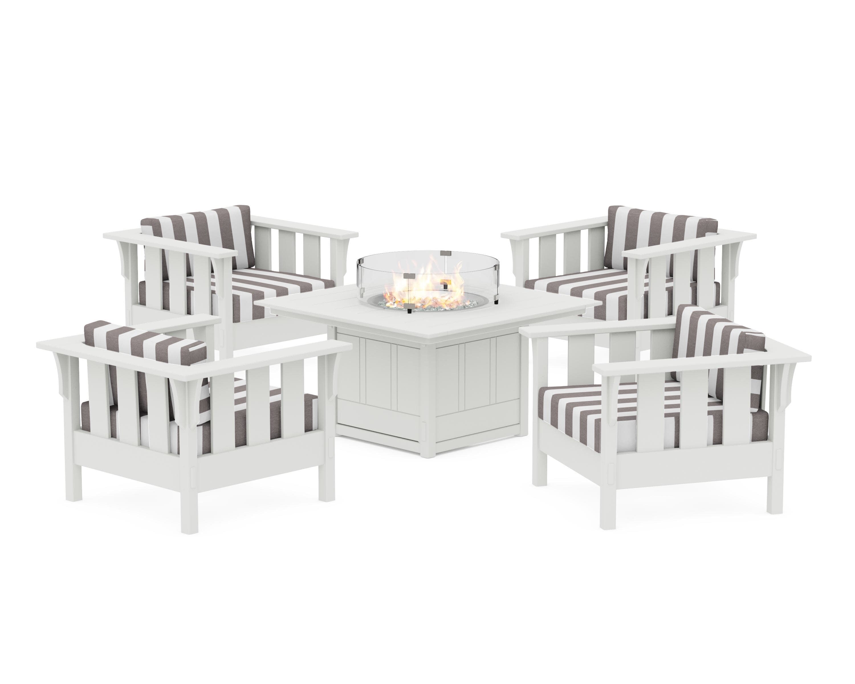 Acadia 5-Piece Deep Seating Set with Fire Pit Table in White / Cabana Stripe Grey Mist