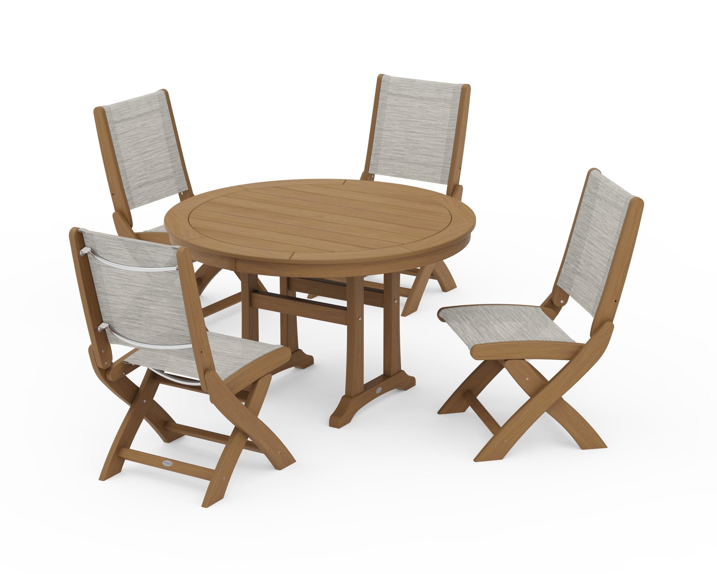 Coastal Folding Side Chair 5-Piece Round Dining Set With Trestle Legs in Natural / Birch Sling