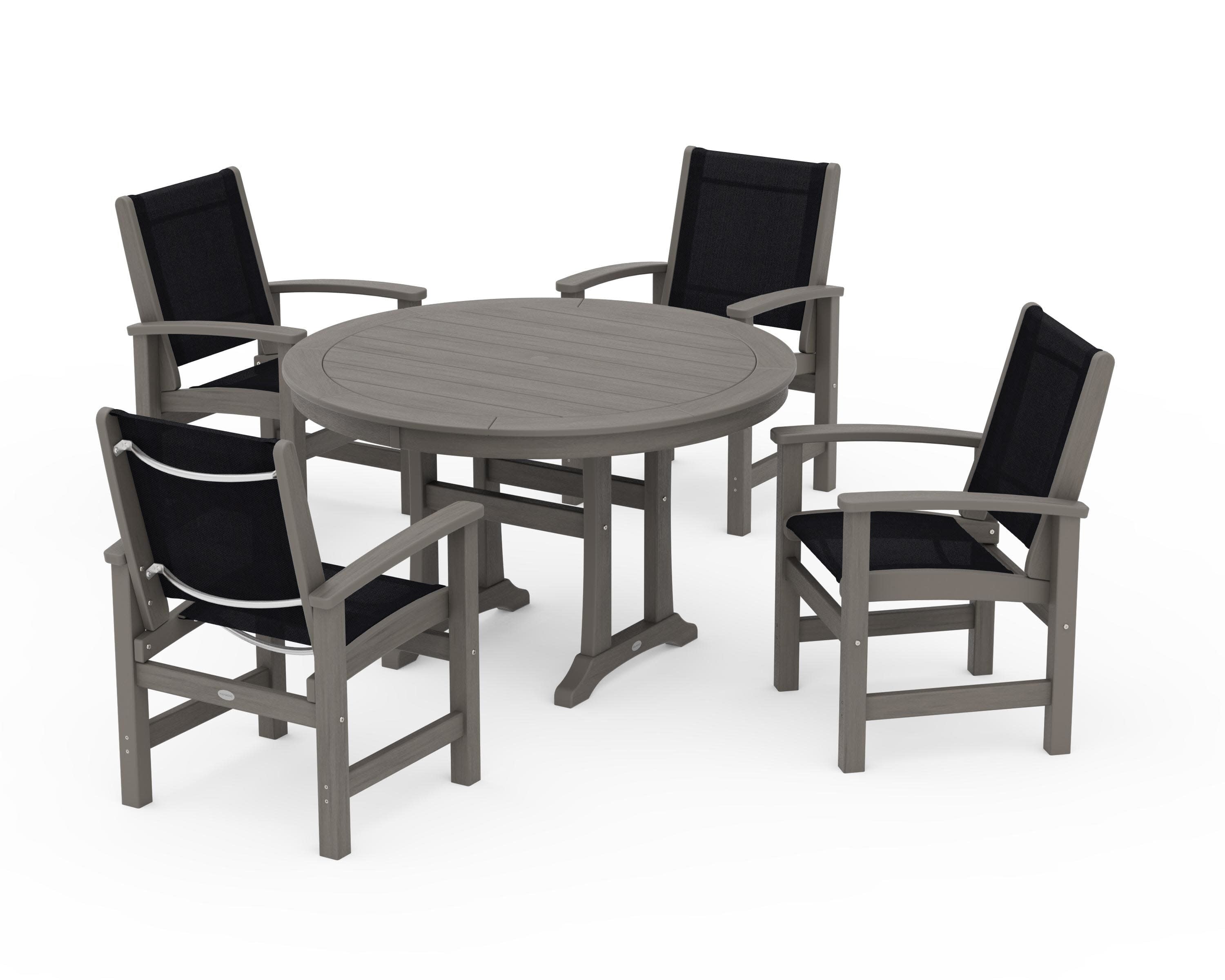 Coastal 5-Piece Round Dining Set with Trestle Legs in Driftwood / Black Sling