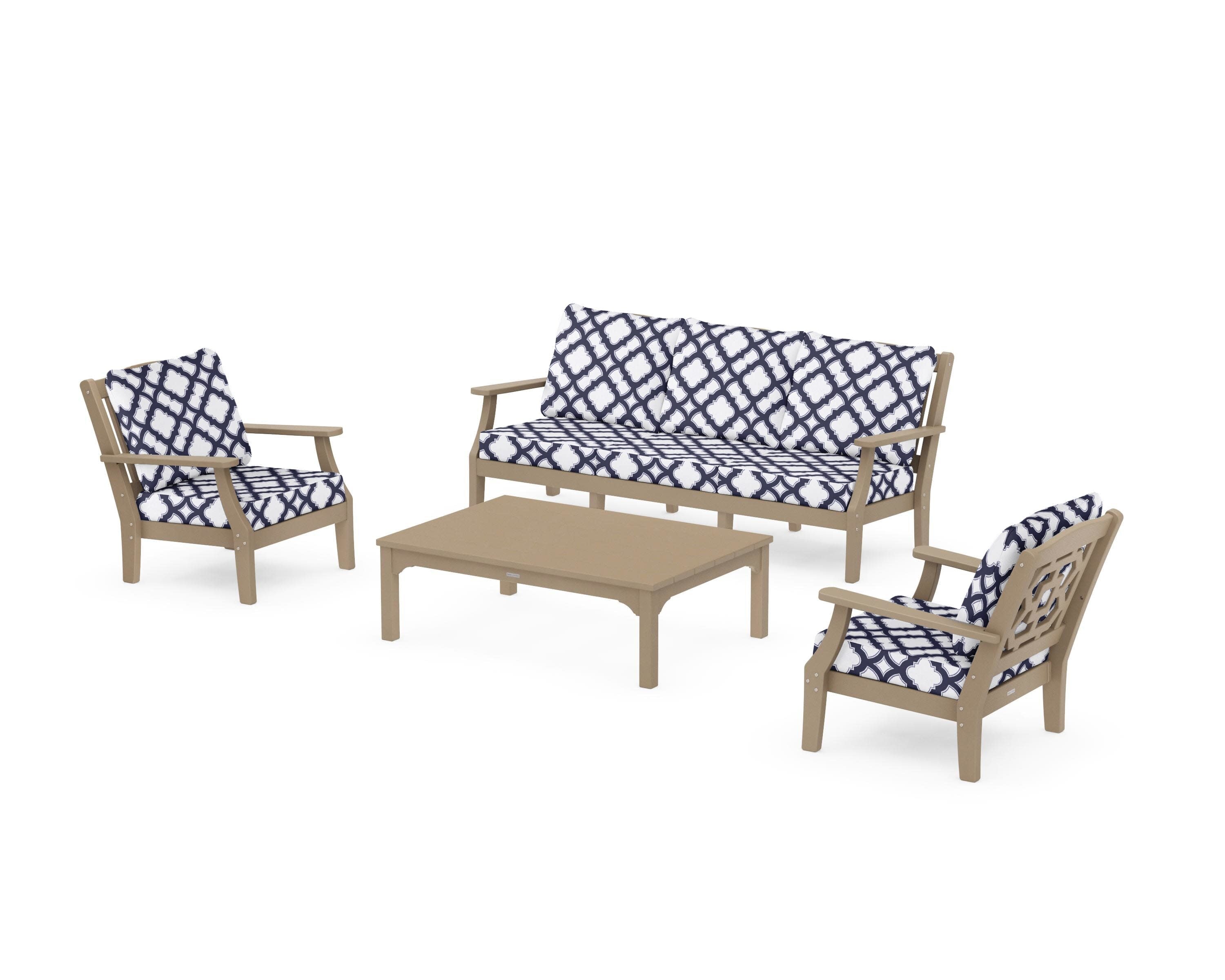 Chinoiserie 4-Piece Deep Seating Set with Sofa in Vintage Sahara / Trellis Navy