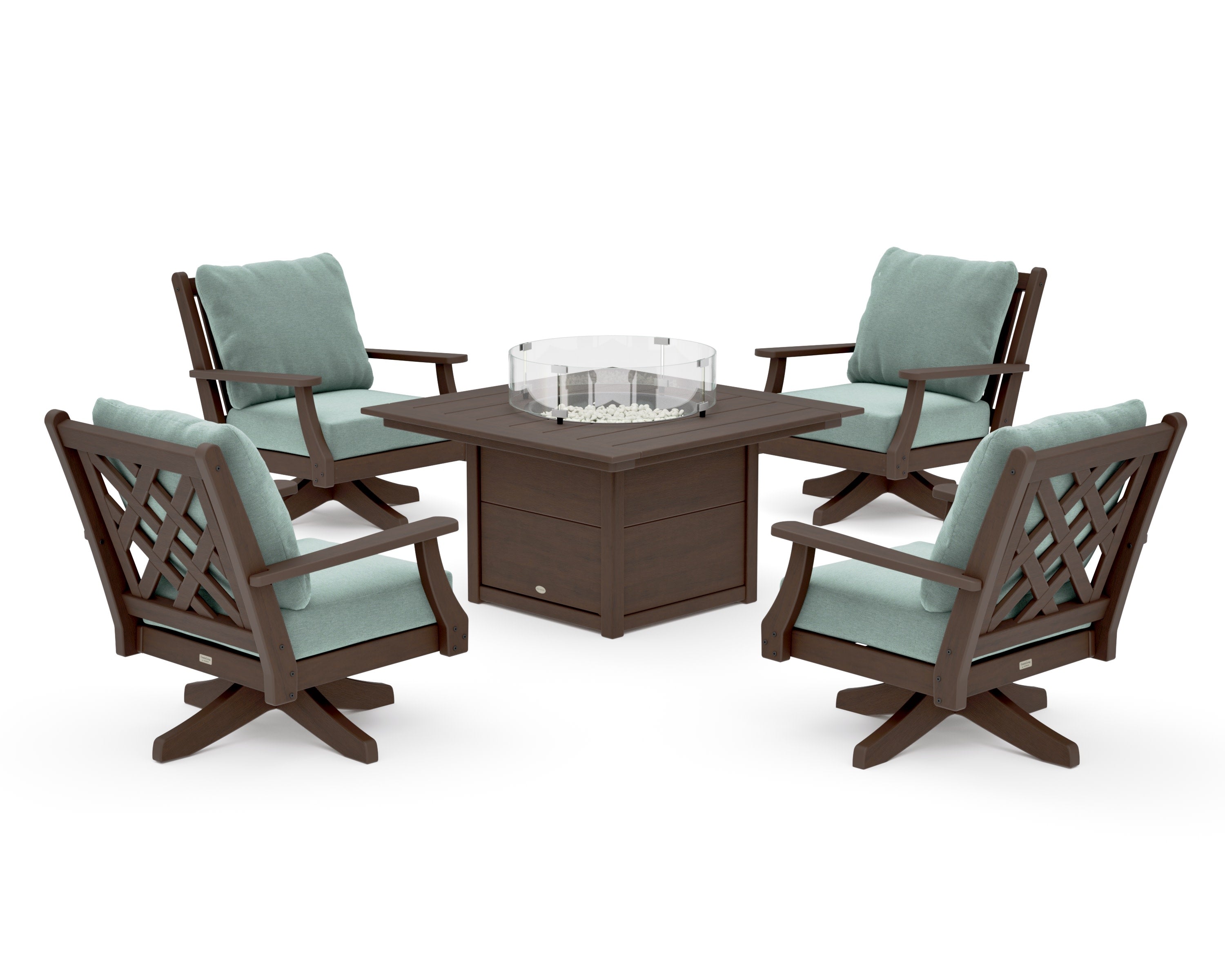 Wovendale 5-Piece Deep Seating Swivel Conversation Set with Fire Pit Table in Kona / Glacier Spa