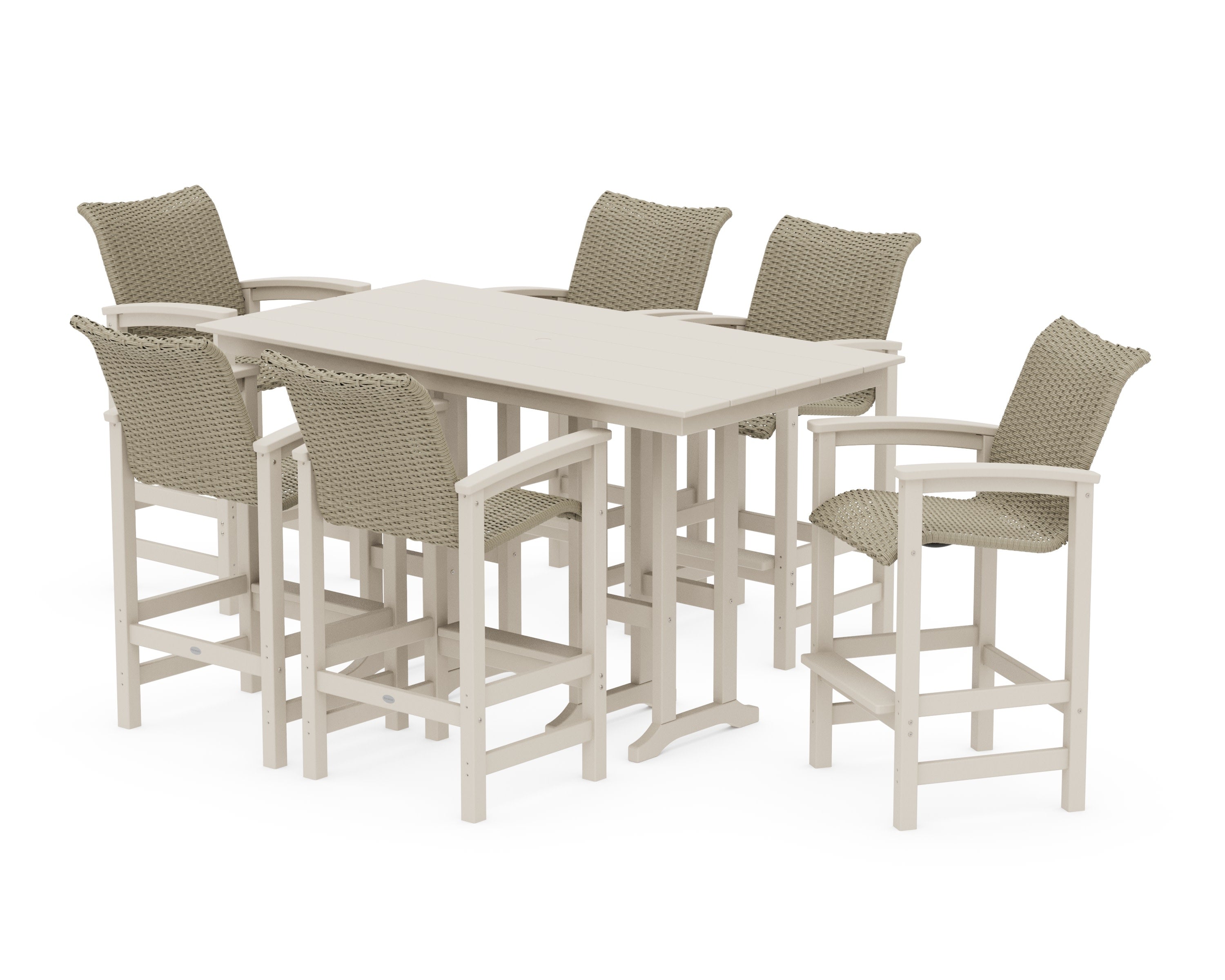 Coastal Woven Arm Chair 7-Piece Farmhouse Bar Set in Sand / Dune Grass