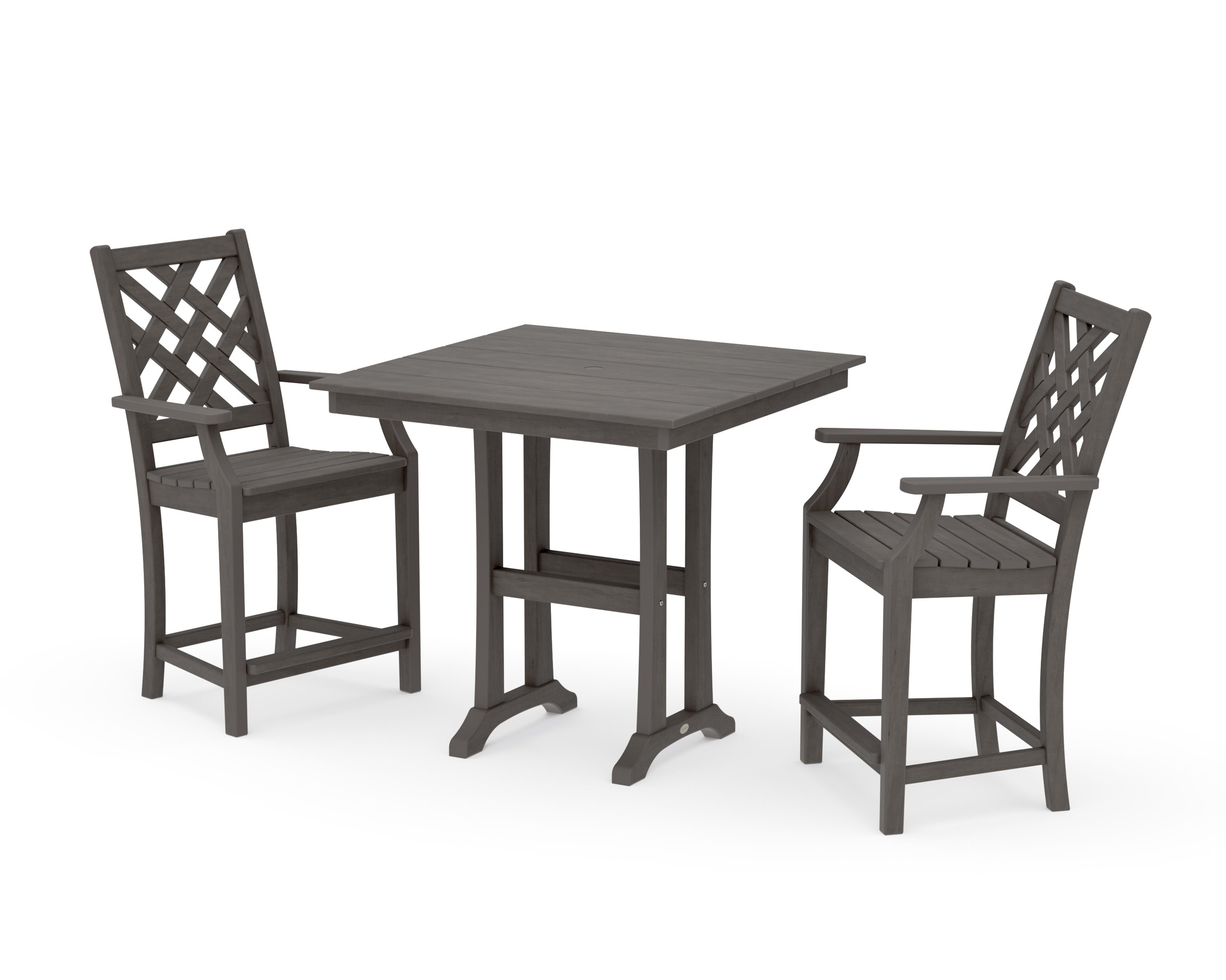 Wovendale 3-Piece Farmhouse Counter Set with Trestle Legs in Driftwood