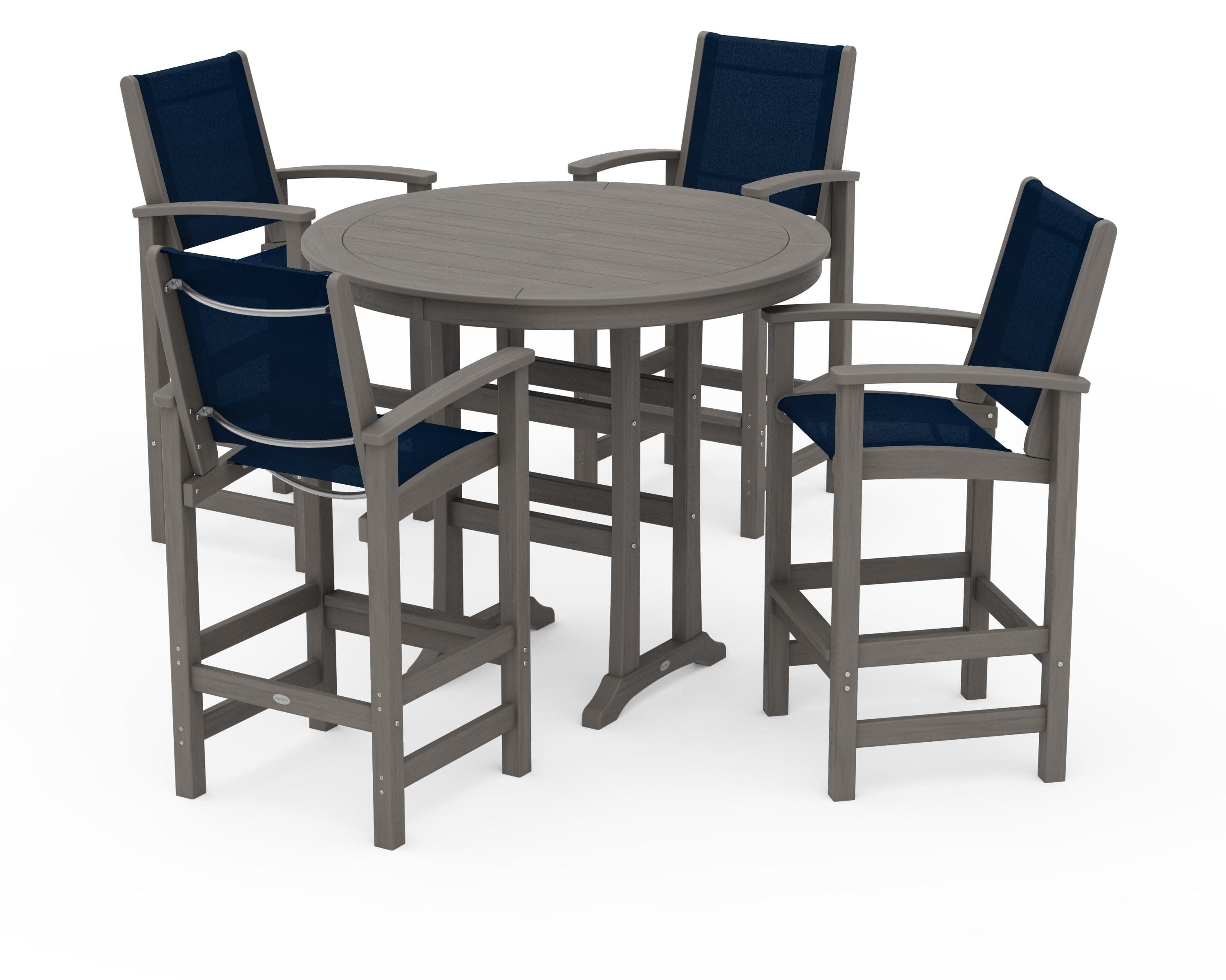 Coastal 5-Piece Nautical Trestle Bar Set in Driftwood / Navy Blue Sling