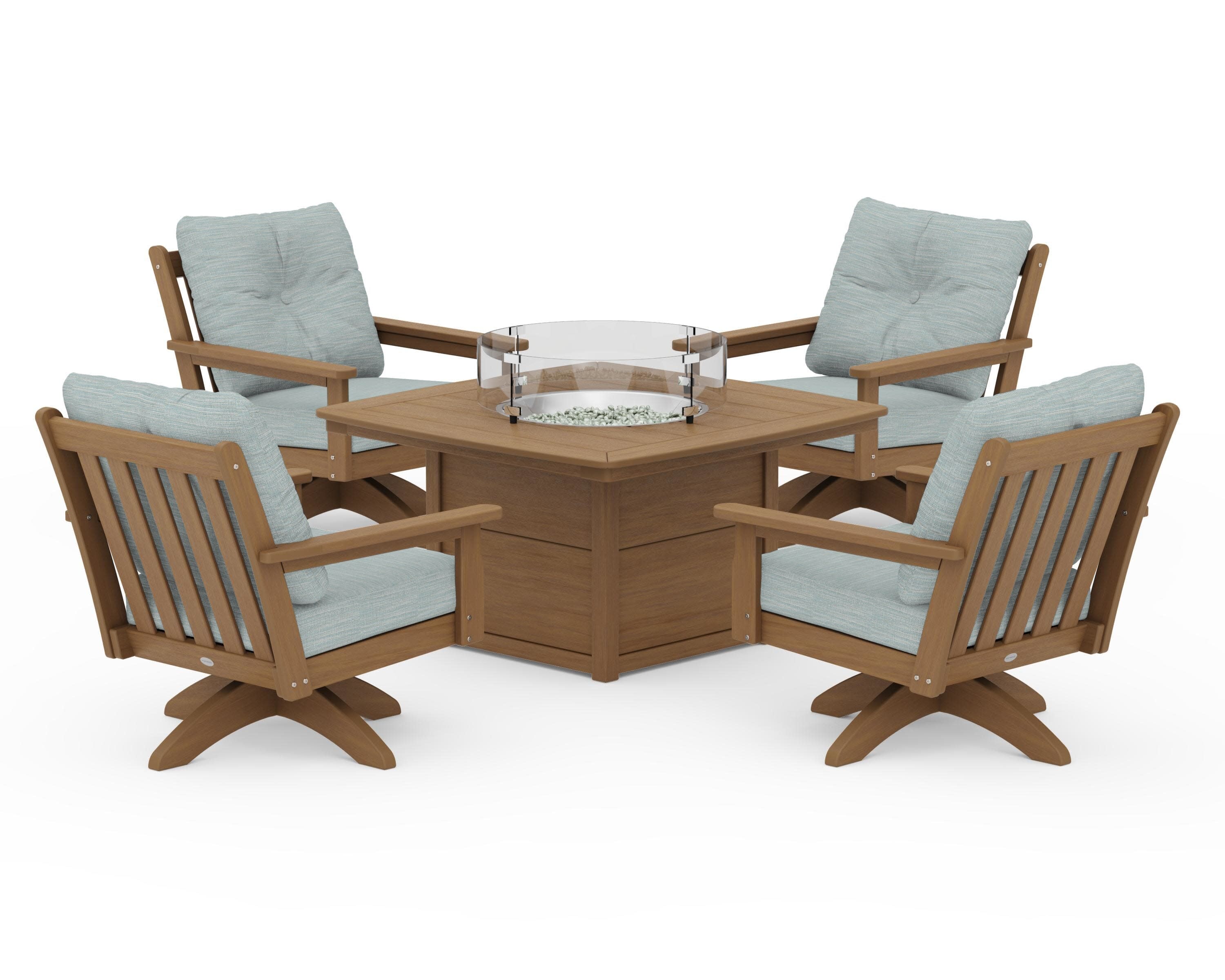 Vineyard 5-Piece Deep Seating Swivel Conversation Set with Fire Pit Table in Natural / Soothe Mist