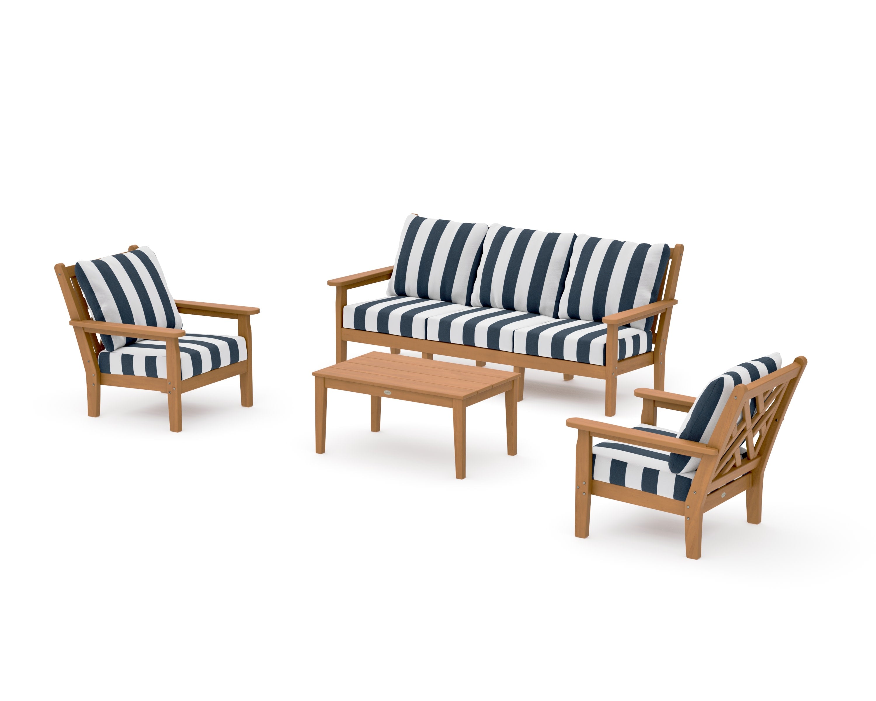 Chippendale 4-Piece Deep Seating Set with Sofa in Natural / Cabana Stripe Marine Indigo