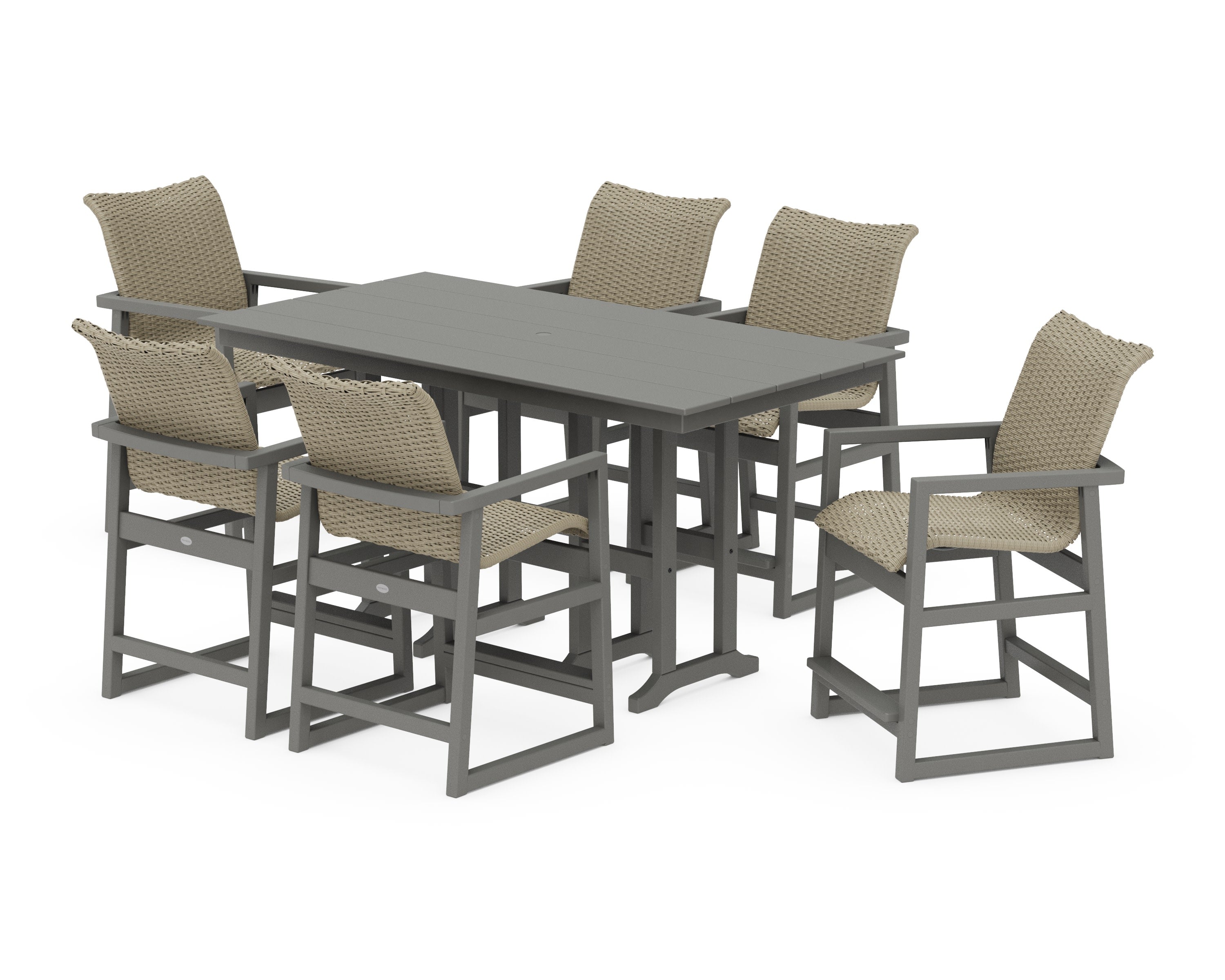 EDGE Woven Arm Chair 7-Piece Farmhouse Counter Set in Slate Grey / Dune Grass