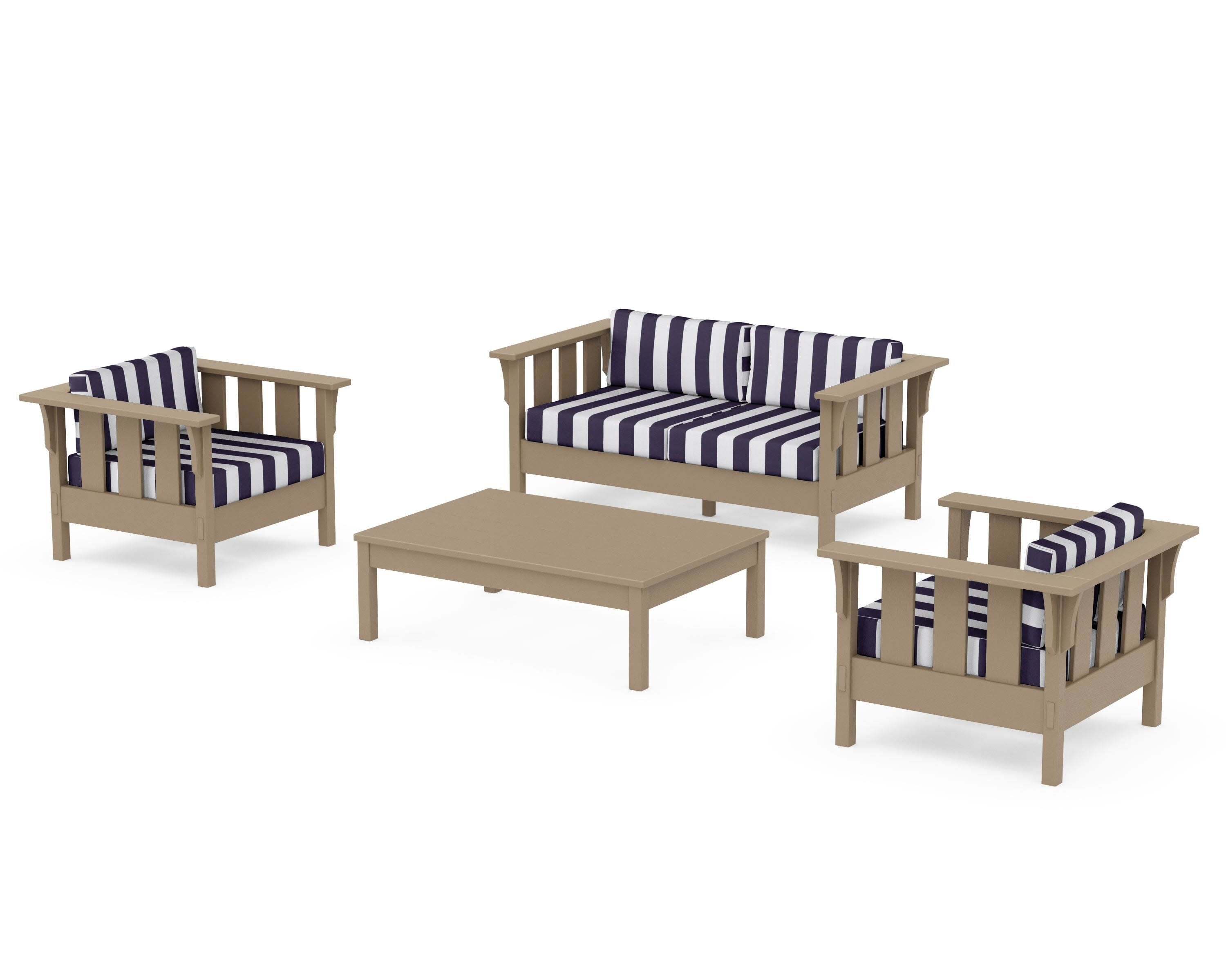 Acadia 4-Piece Deep Seating Set with Loveseat in Vintage Sahara / Cabana Stripe Navy