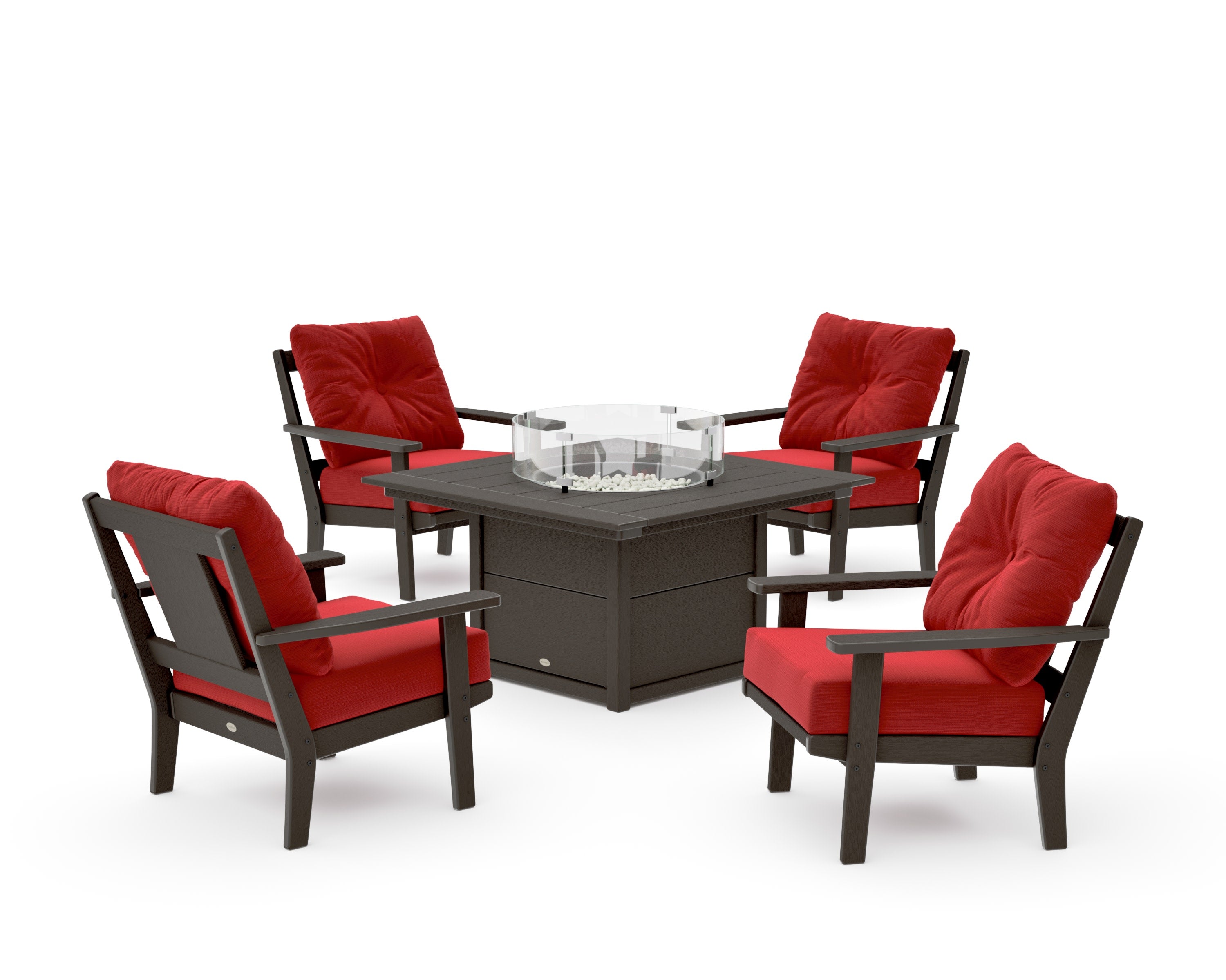 Prairie 5-Piece Deep Seating Set with Fire Pit Table in Vintage Coffee / Crimson Linen