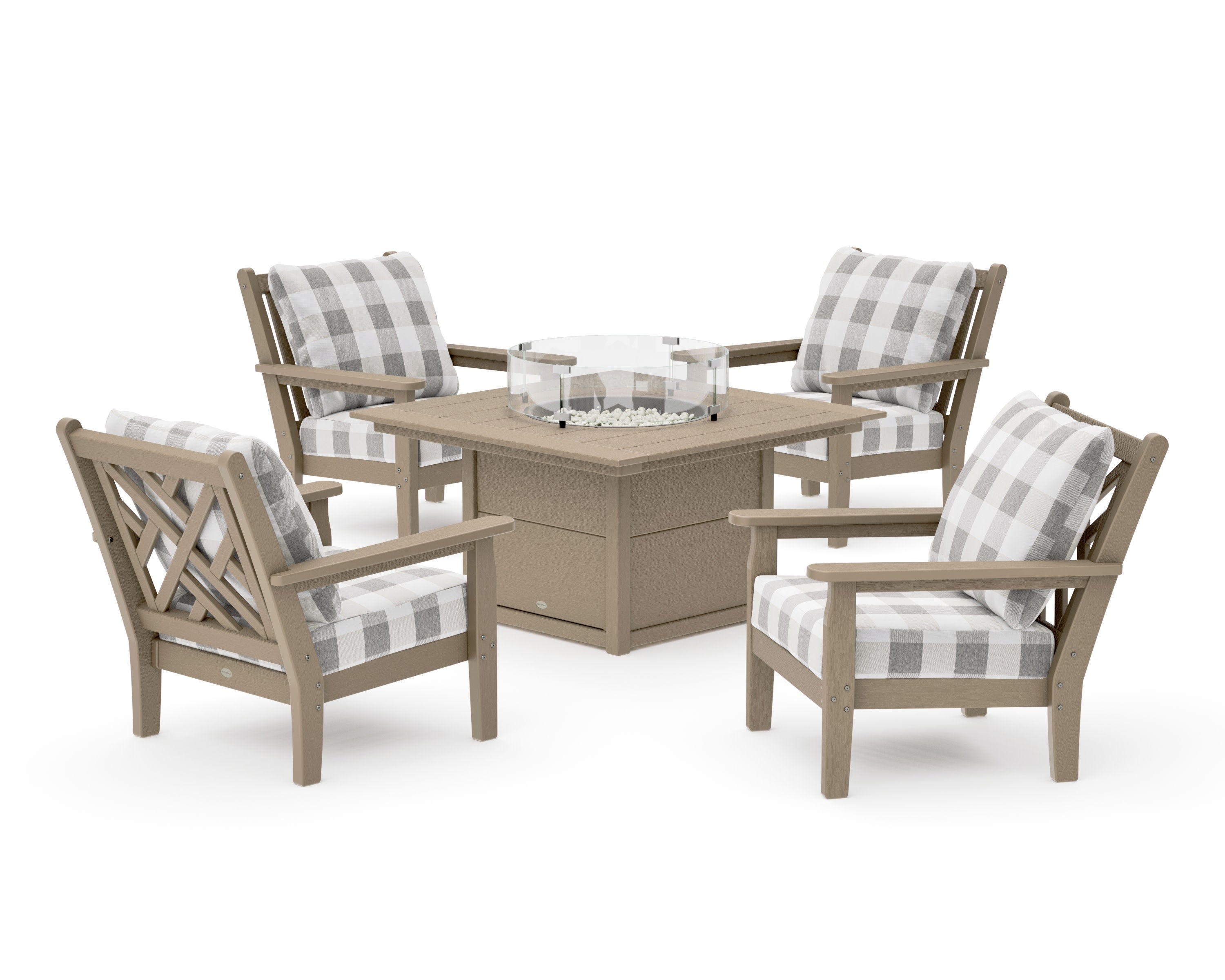 Chippendale 5-Piece Deep Seating Set with Fire Pit Table in Vintage Sahara / Buffalo Plaid Grey Mist