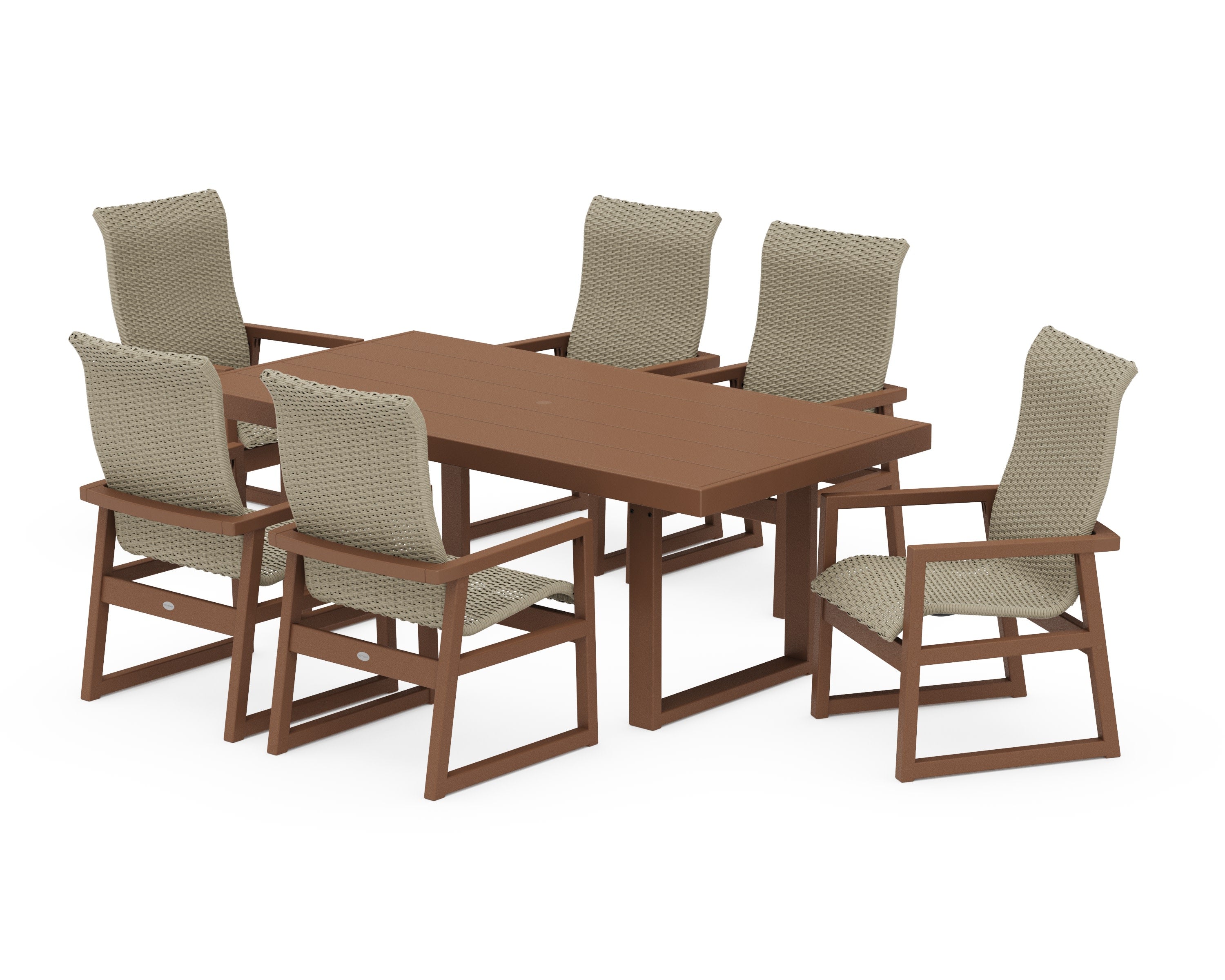 EDGE Woven Highback Arm Chair 7-Piece Dining Set in Teak / Dune Grass